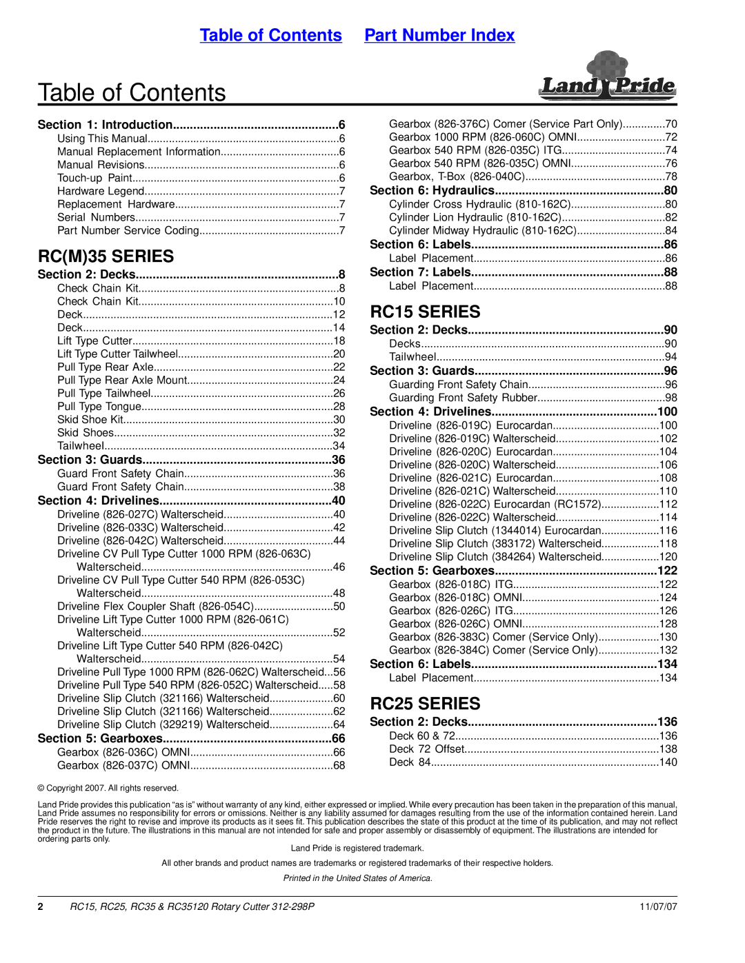 Land Pride RC25, RC35120, RC15 manual Table of Contents 