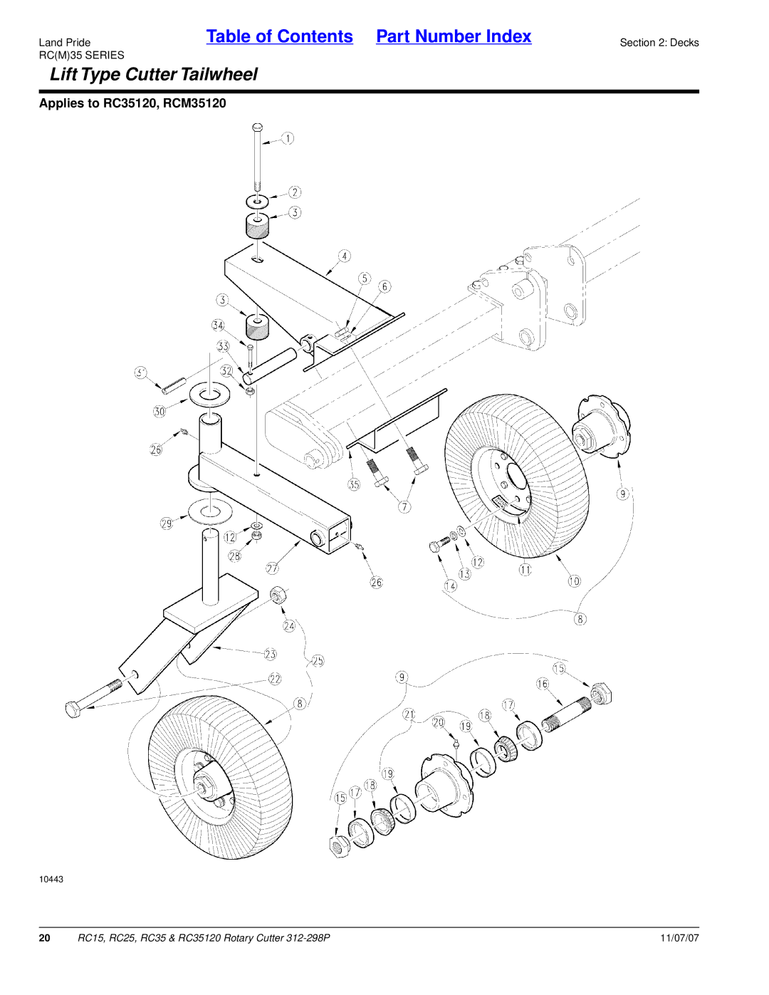 Land Pride RC35120, RC25, RC15 manual Lift Type Cutter Tailwheel 