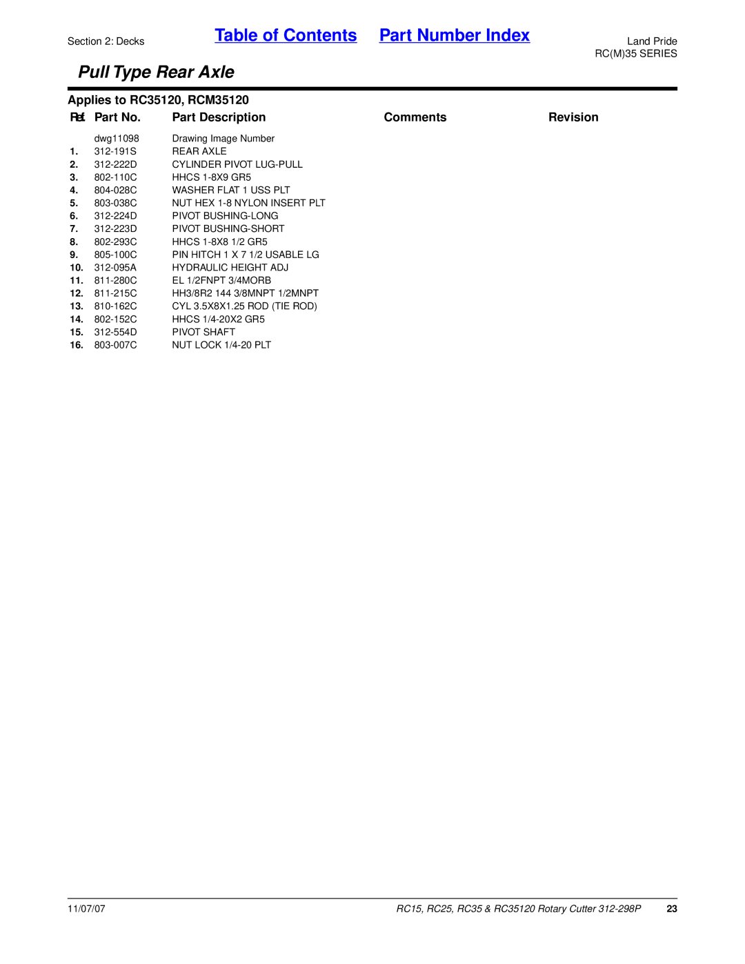 Land Pride RC15, RC35120, RC25 manual 312-222D Cylinder Pivot LUG-PULL, 10 -095A Hydraulic Height ADJ 