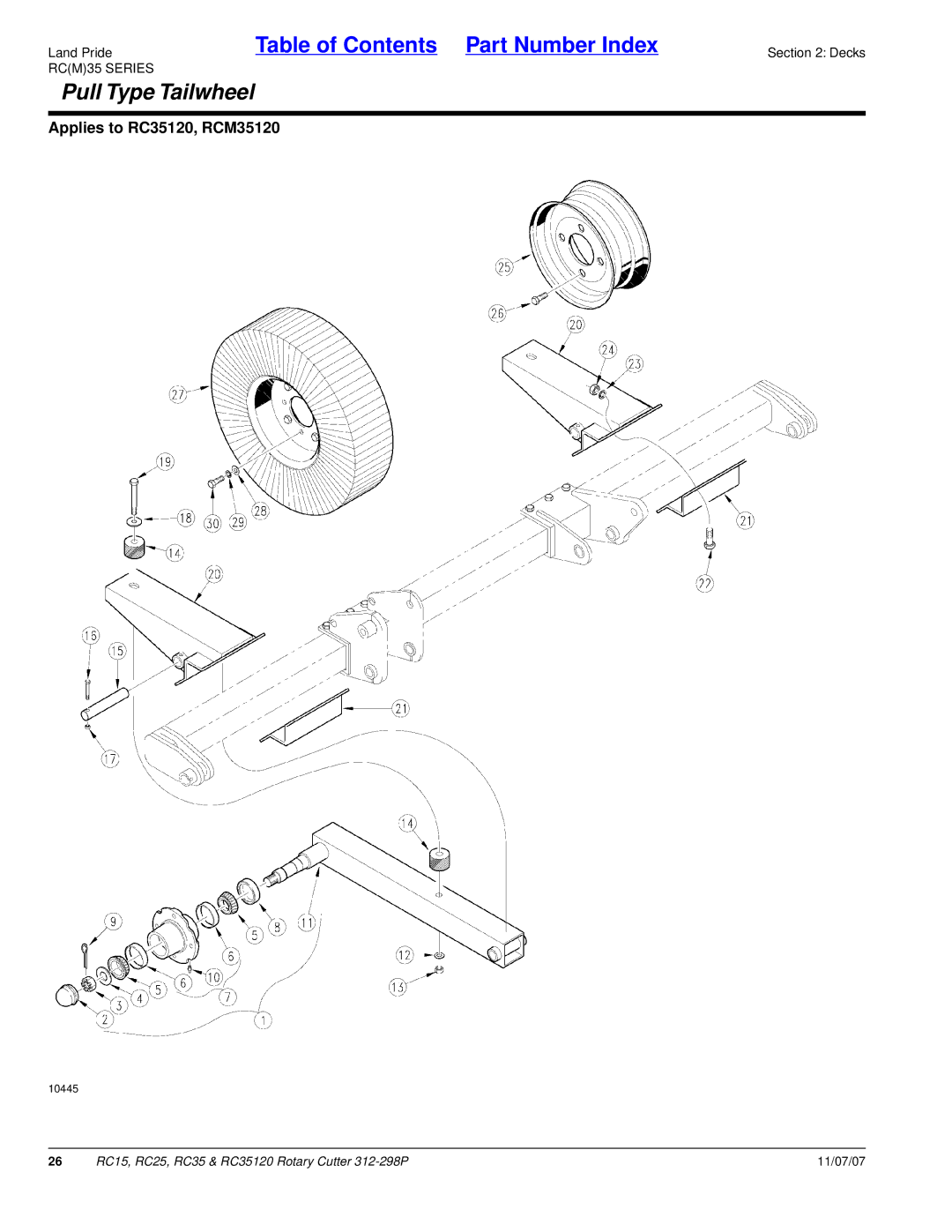 Land Pride RC25, RC35120, RC15 manual Pull Type Tailwheel 