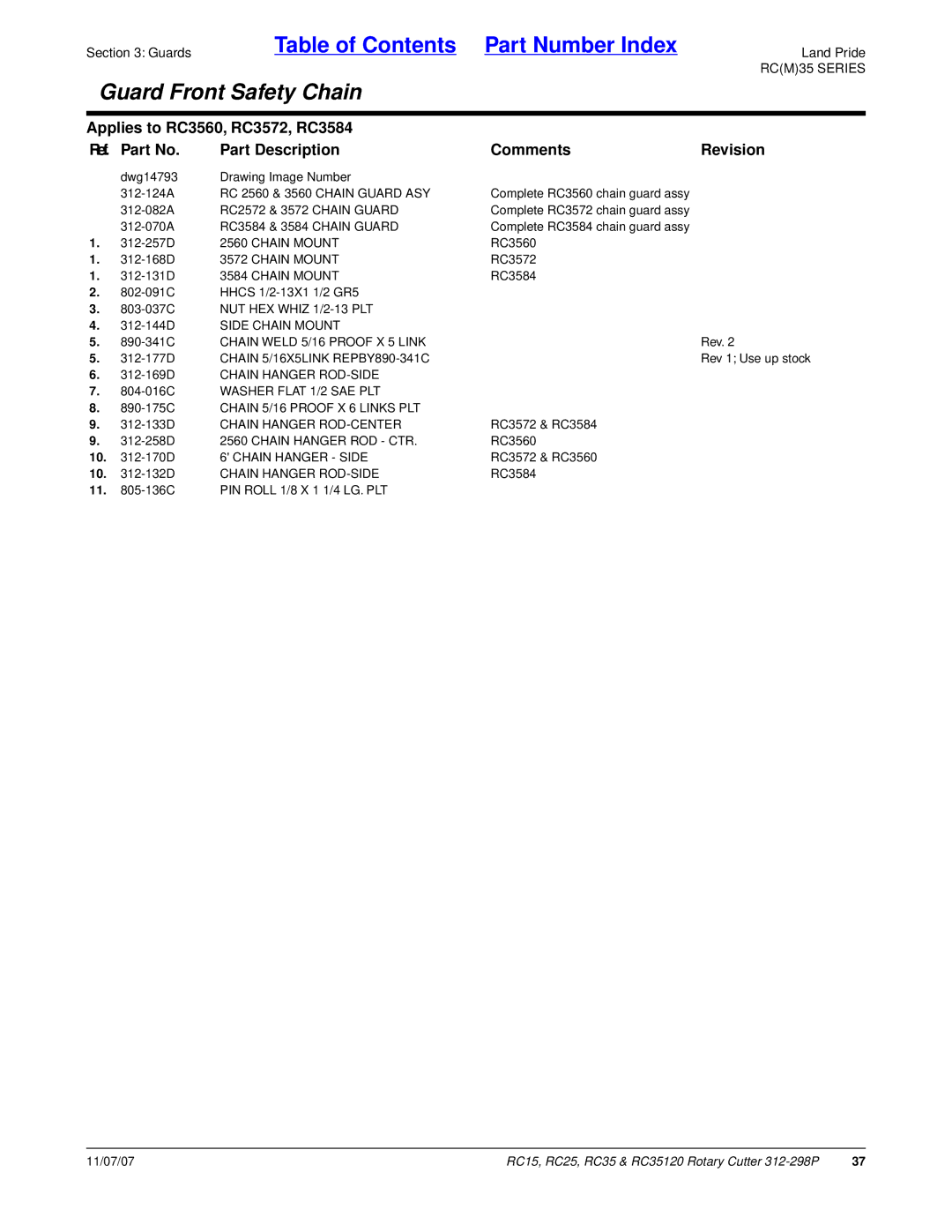 Land Pride RC35 NUT HEX Whiz 1/2-13 PLT, 312-144D Side Chain Mount, Chain Weld 5/16 Proof X 5 Link, Chain Hanger Side 