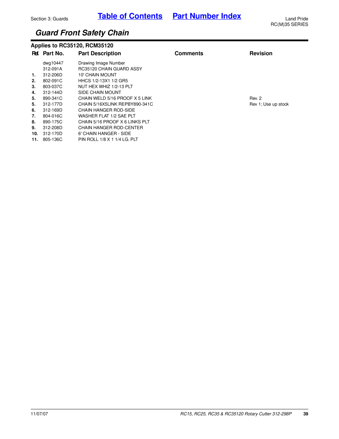 Land Pride RC15, RC25 manual 312-091A RC35120 Chain Guard Assy, 312-208D Chain Hanger ROD-CENTER 