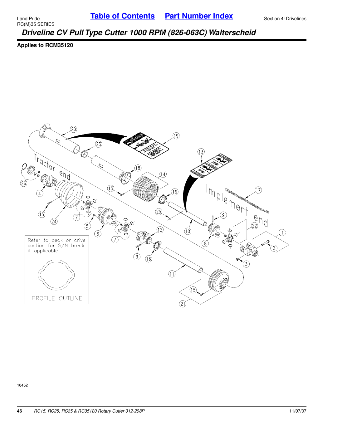 Land Pride RC25, RC35120, RC15 manual Driveline CV Pull Type Cutter 1000 RPM 826-063C Walterscheid 