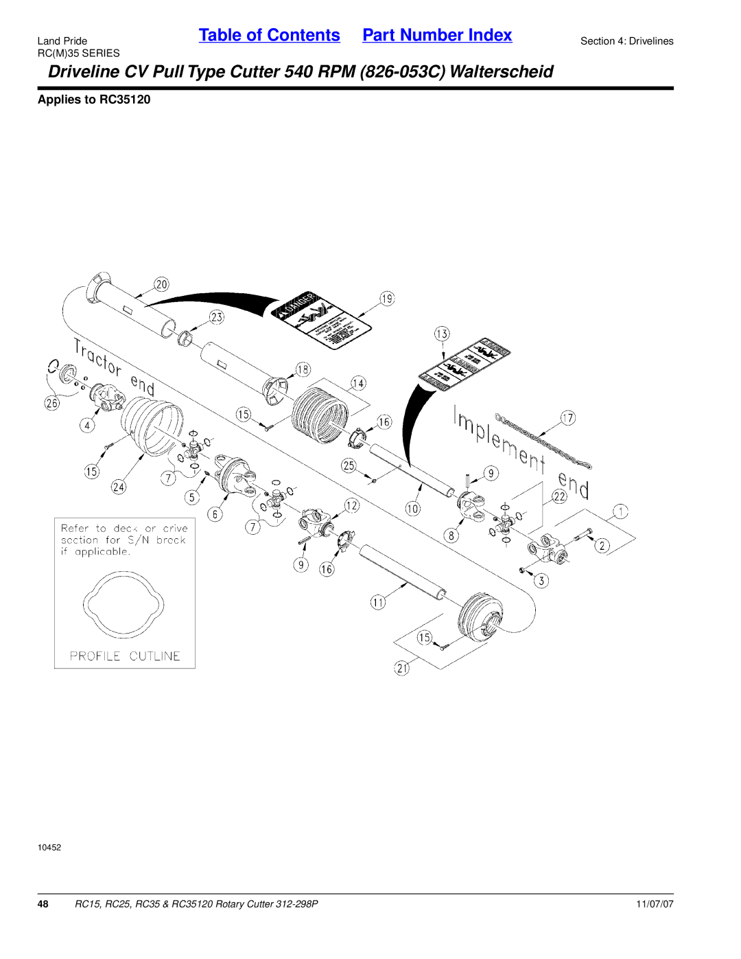 Land Pride RC35120, RC25, RC15 manual Driveline CV Pull Type Cutter 540 RPM 826-053C Walterscheid 