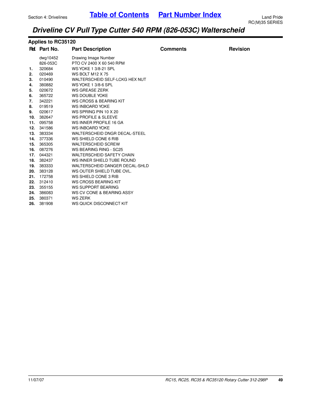 Land Pride RC35120, RC25, RC15 Driveline CV Pull Type Cutter 540 RPM 826-053C Walterscheid, WS Inner Shield Tube Round 