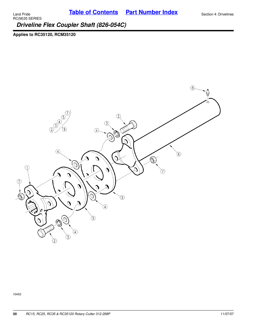 Land Pride RC25, RC35120, RC15 manual Driveline Flex Coupler Shaft 826-054C, RCM35 Series 