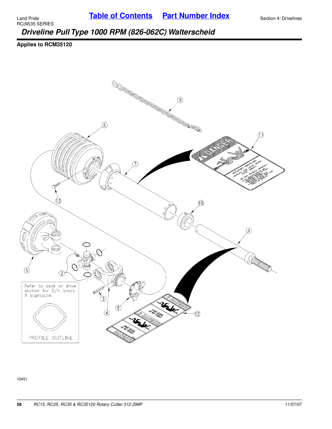 Land Pride RC35120, RC25, RC15 manual Driveline Pull Type 1000 RPM 826-062C Walterscheid 