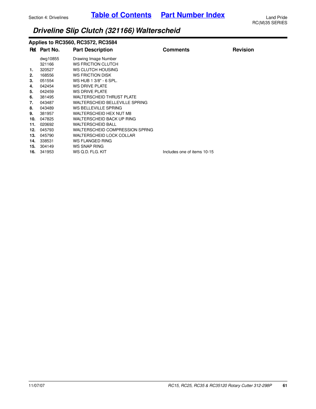 Land Pride RC35, RC25 WS Clutch Housing, WS Friction Disk, WS Drive Plate, Walterscheid Thrust Plate, WS Belleville Spring 