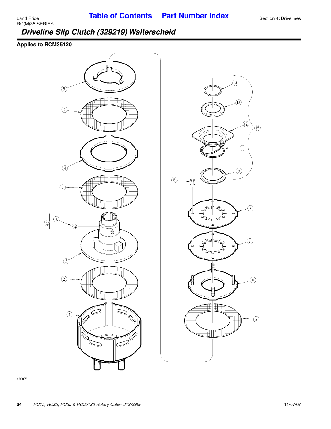 Land Pride RC35120, RC25, RC15 manual Driveline Slip Clutch 329219 Walterscheid 