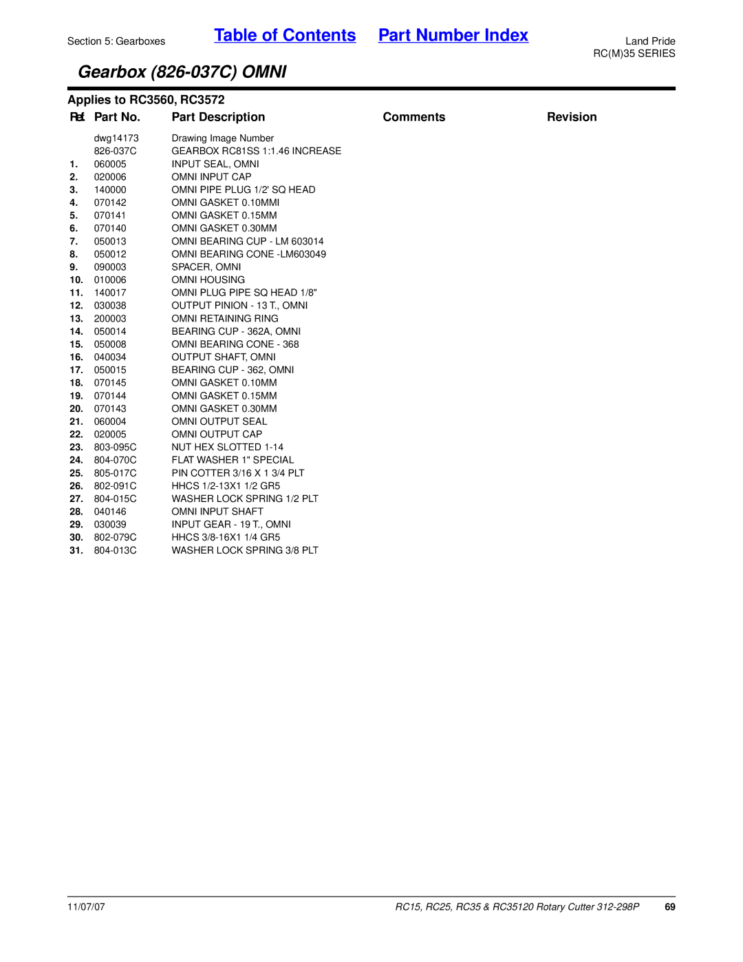 Land Pride RC35 Gearbox RC81SS 11.46 Increase, Omni Gasket 0.10MMI, Output Pinion 13 T., Omni, Input Gear 19 T., Omni 