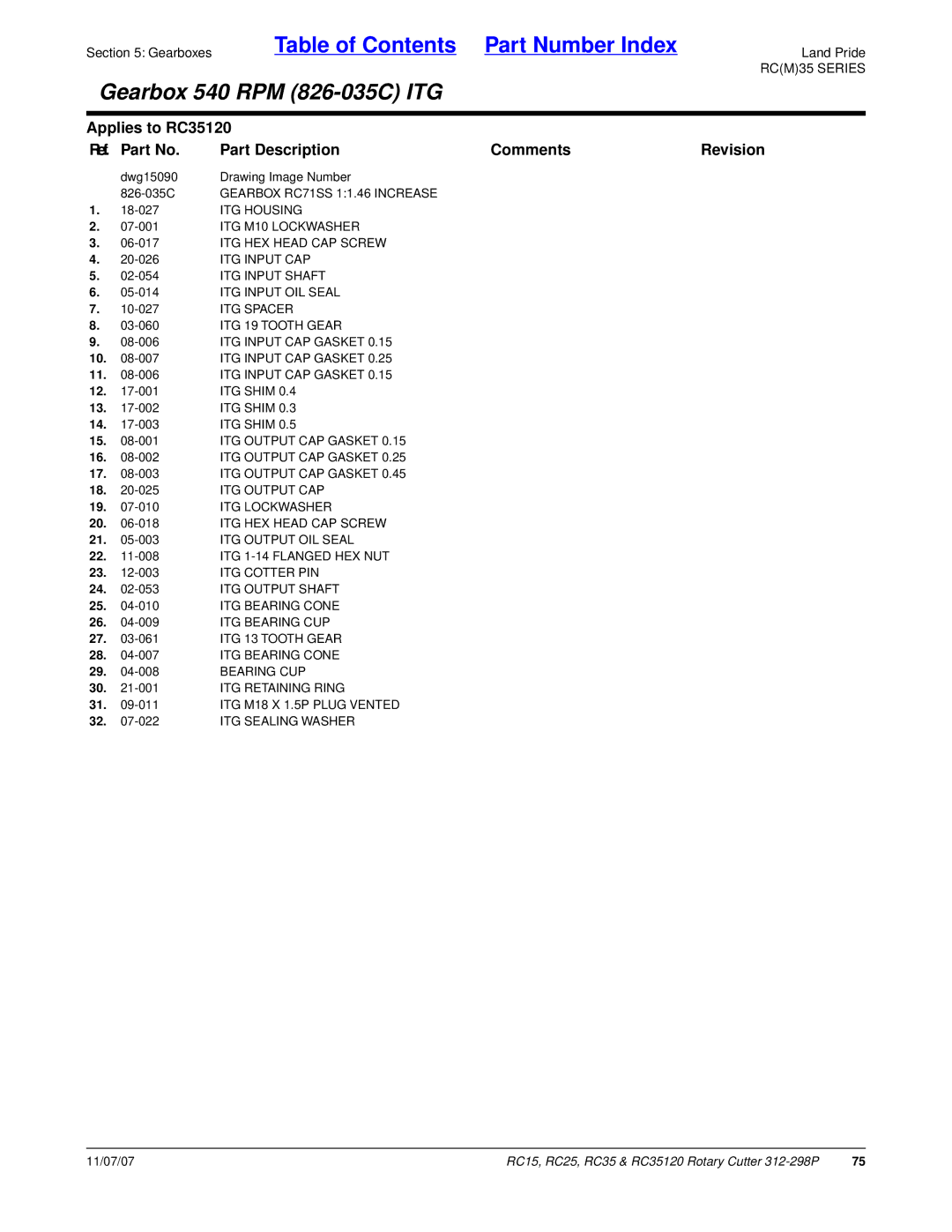 Land Pride RC15 Gearbox RC71SS 11.46 Increase, ITG Housing, ITG M10 Lockwasher, ITG HEX Head CAP Screw, ITG Input CAP 