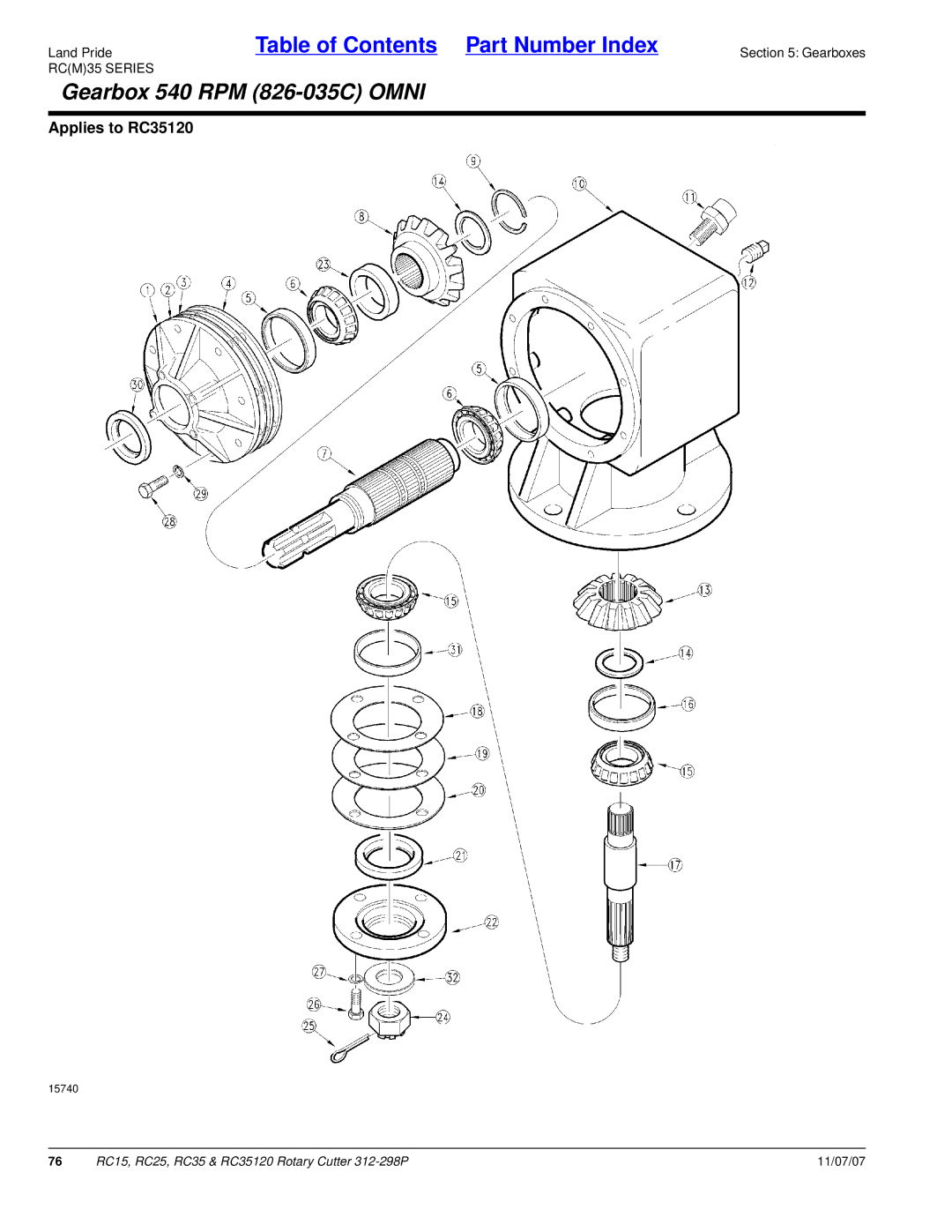 Land Pride RC35120, RC25, RC15 manual Gearbox 540 RPM 826-035C Omni 