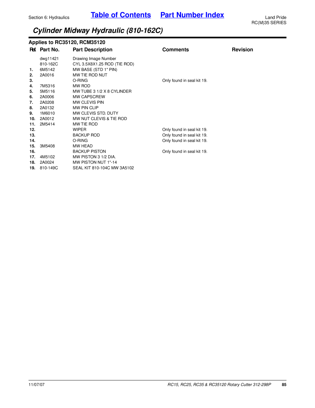 Land Pride RC35 MW Base STD 1 PIN, MW TIE ROD NUT Ring, Mw Rod, MW Tube 3 1/2 X 8 Cylinder, MW Capscrew, MW Clevis PIN 