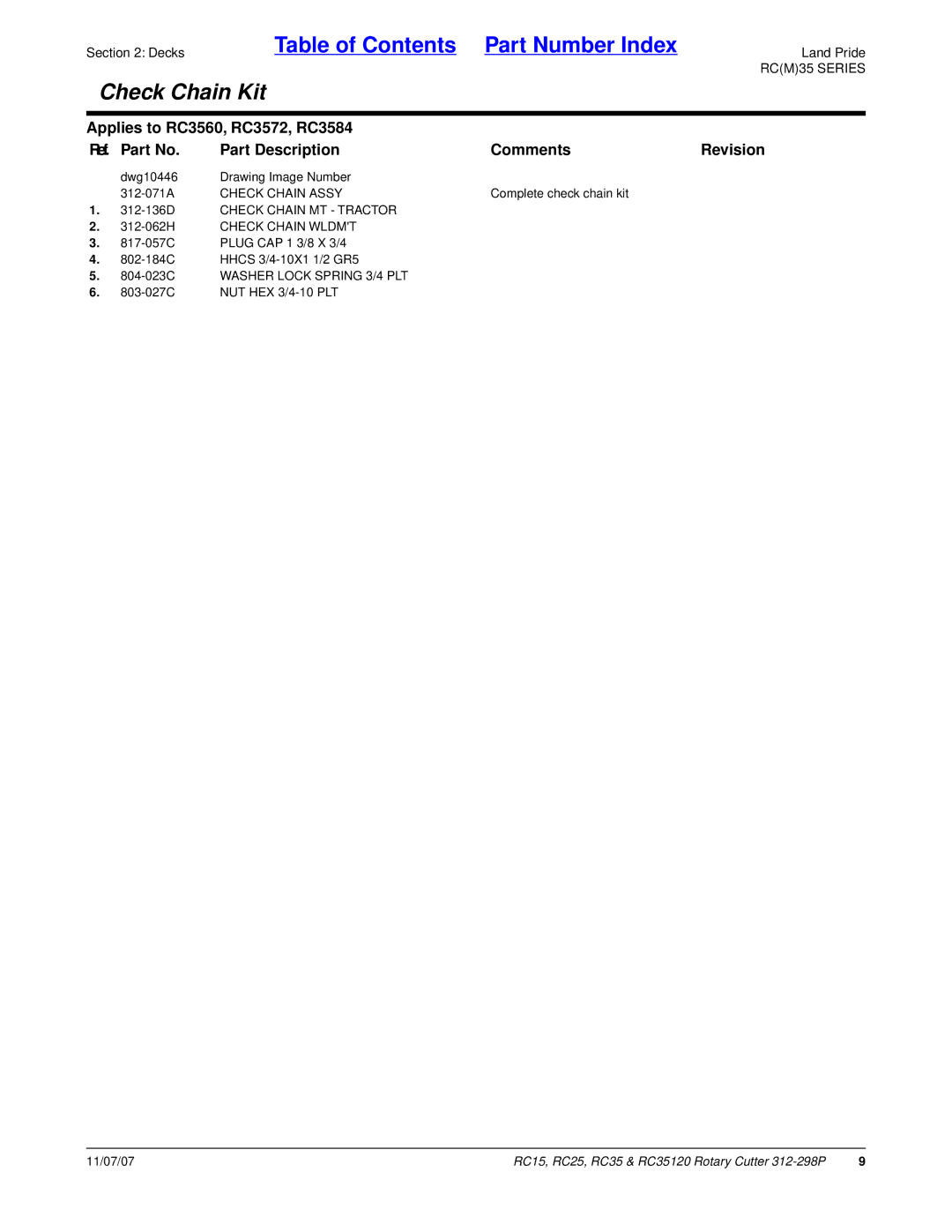 Land Pride RC35120, RC25, RC15 manual Check Chain Assy, 312-136D Check Chain MT Tractor 312-062H Check Chain Wldmt 