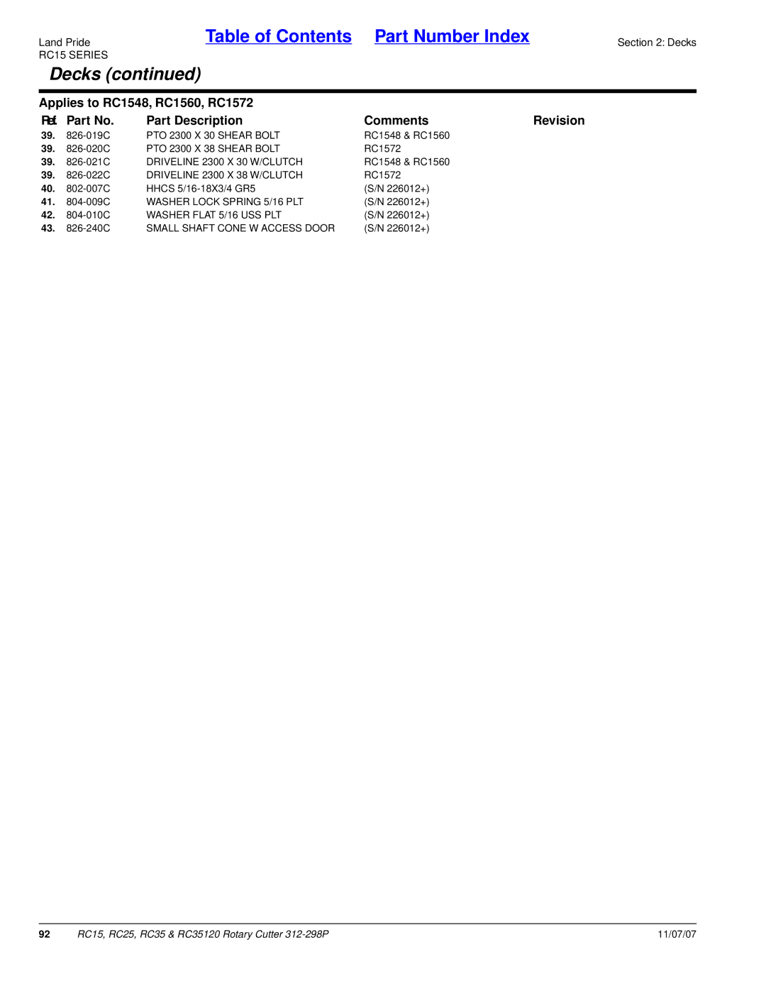 Land Pride RC35120, RC25, RC15 manual PTO 2300 X 30 Shear Bolt, PTO 2300 X 38 Shear Bolt, Driveline 2300 X 30 W/CLUTCH 