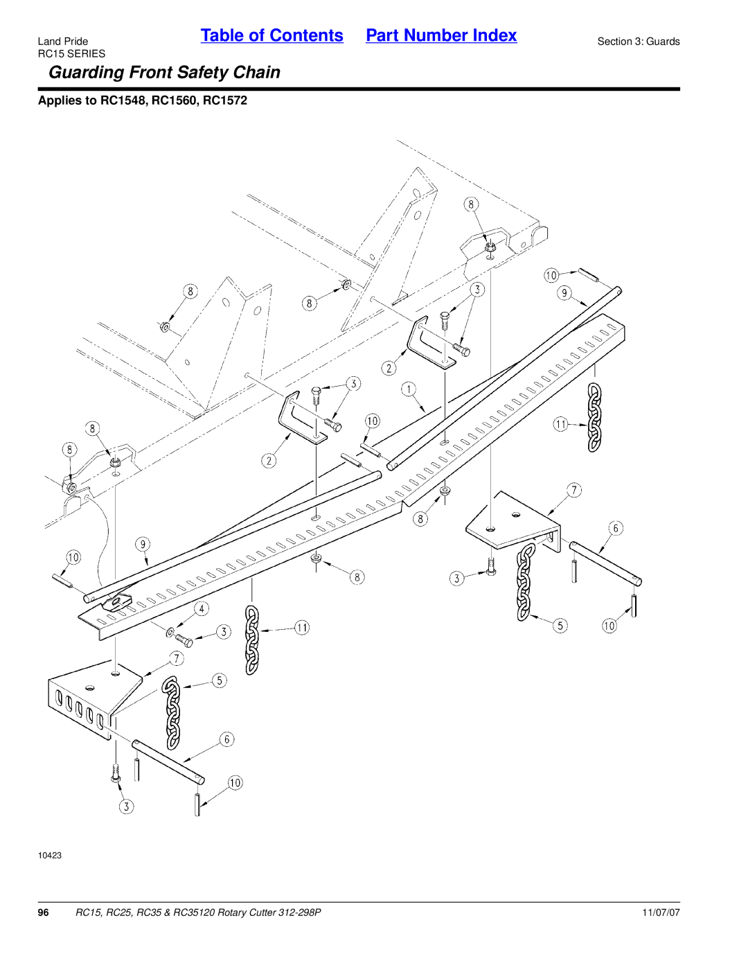 Land Pride RC35120, RC25, RC15 manual Guarding Front Safety Chain 