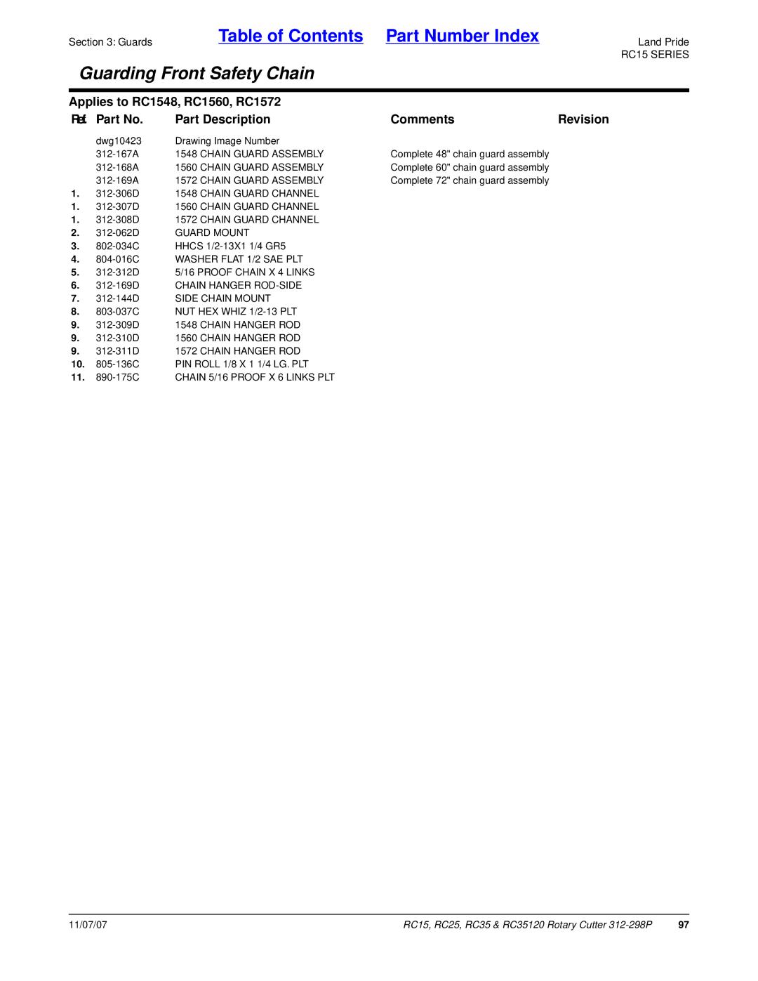 Land Pride RC35120, RC25 Chain Guard Assembly, Guard Mount, 312-169D Chain Hanger ROD-SIDE 312-144D Side Chain Mount 