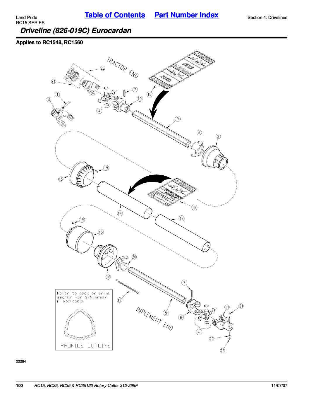 Land Pride RC35120 Driveline 826-019CEurocardan, Applies to RC1548, RC1560, Land PrideTable of Contents Part Number Index 
