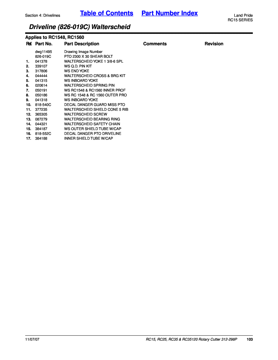 Land Pride Table of Contents Part Number Index, Driveline 826-019CWalterscheid, Applies to RC1548, RC1560, Ref. Part No 