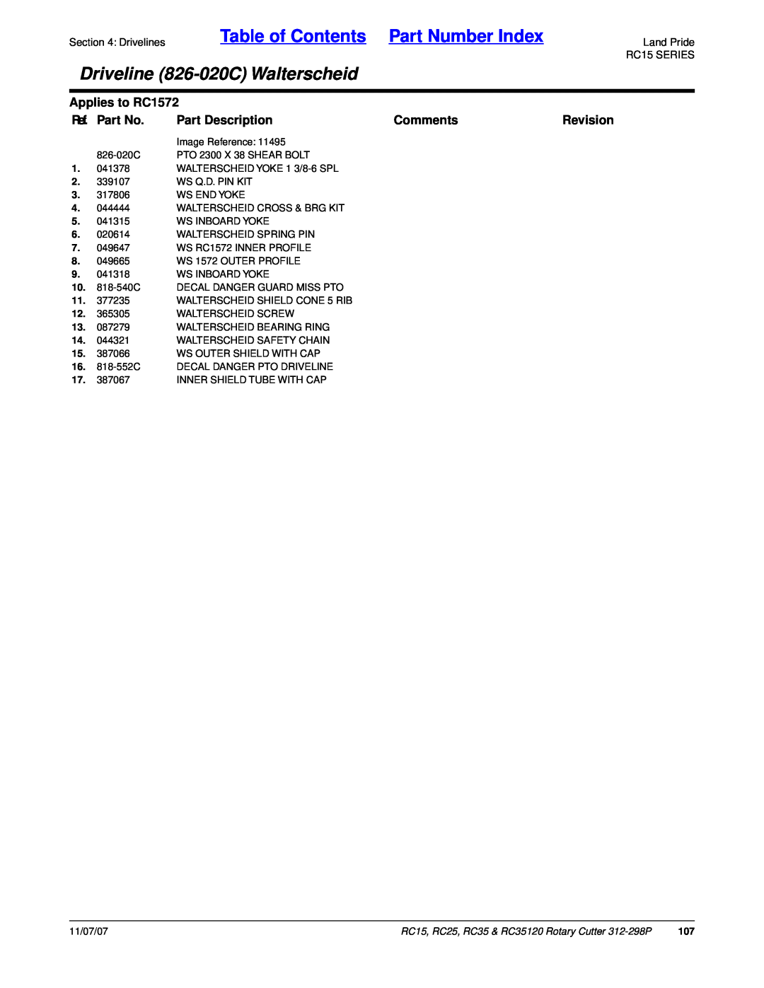 Land Pride RC35 Table of Contents Part Number Index, Driveline 826-020CWalterscheid, Applies to RC1572, Ref. Part No 