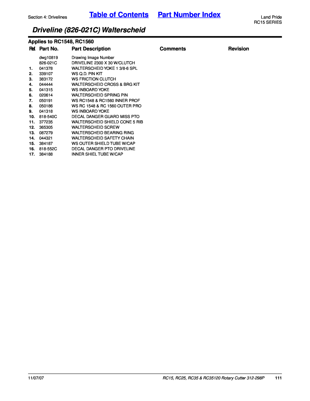 Land Pride Table of Contents Part Number Index, Driveline 826-021CWalterscheid, Applies to RC1548, RC1560, Ref. Part No 
