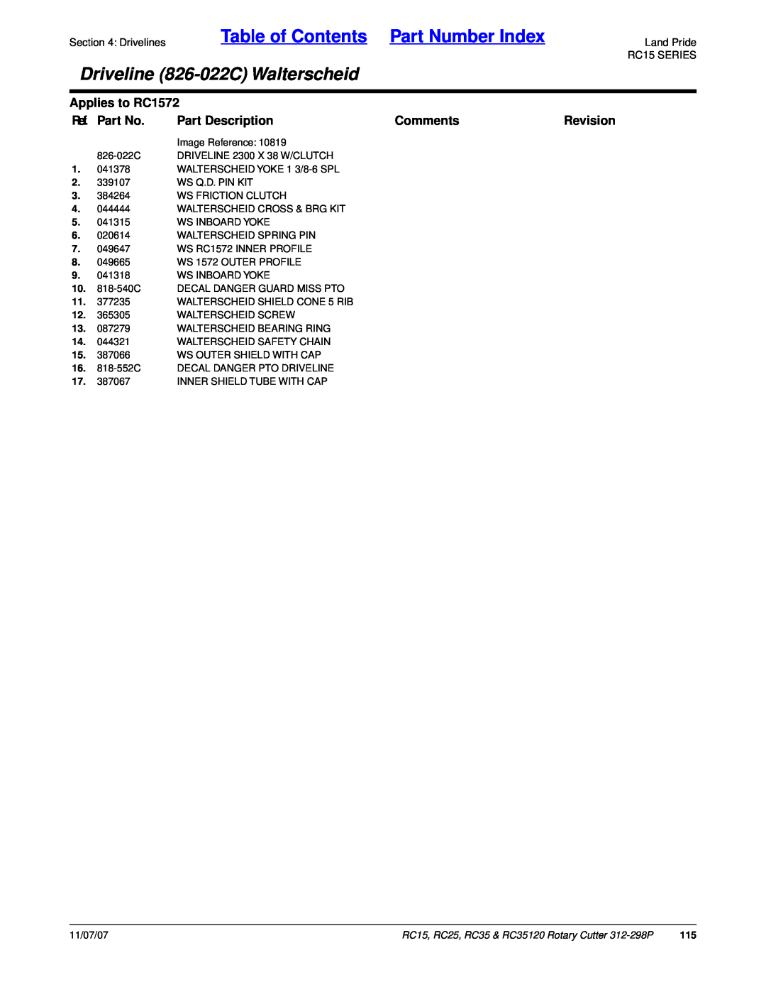 Land Pride RC35 Table of Contents Part Number Index, Driveline 826-022CWalterscheid, Applies to RC1572, Ref. Part No 