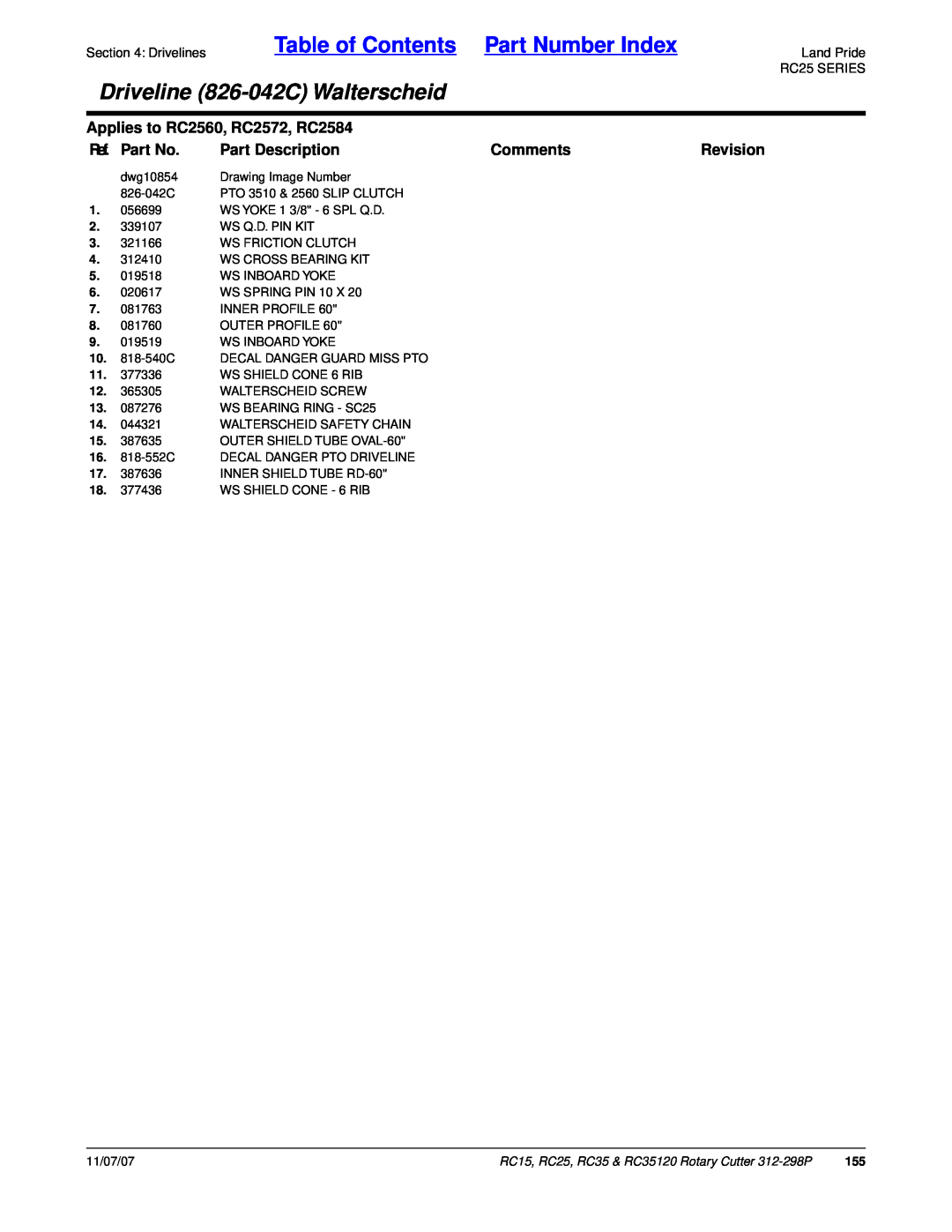 Land Pride RC15 Table of Contents Part Number Index, Driveline 826-042CWalterscheid, Applies to RC2560, RC2572, RC2584 