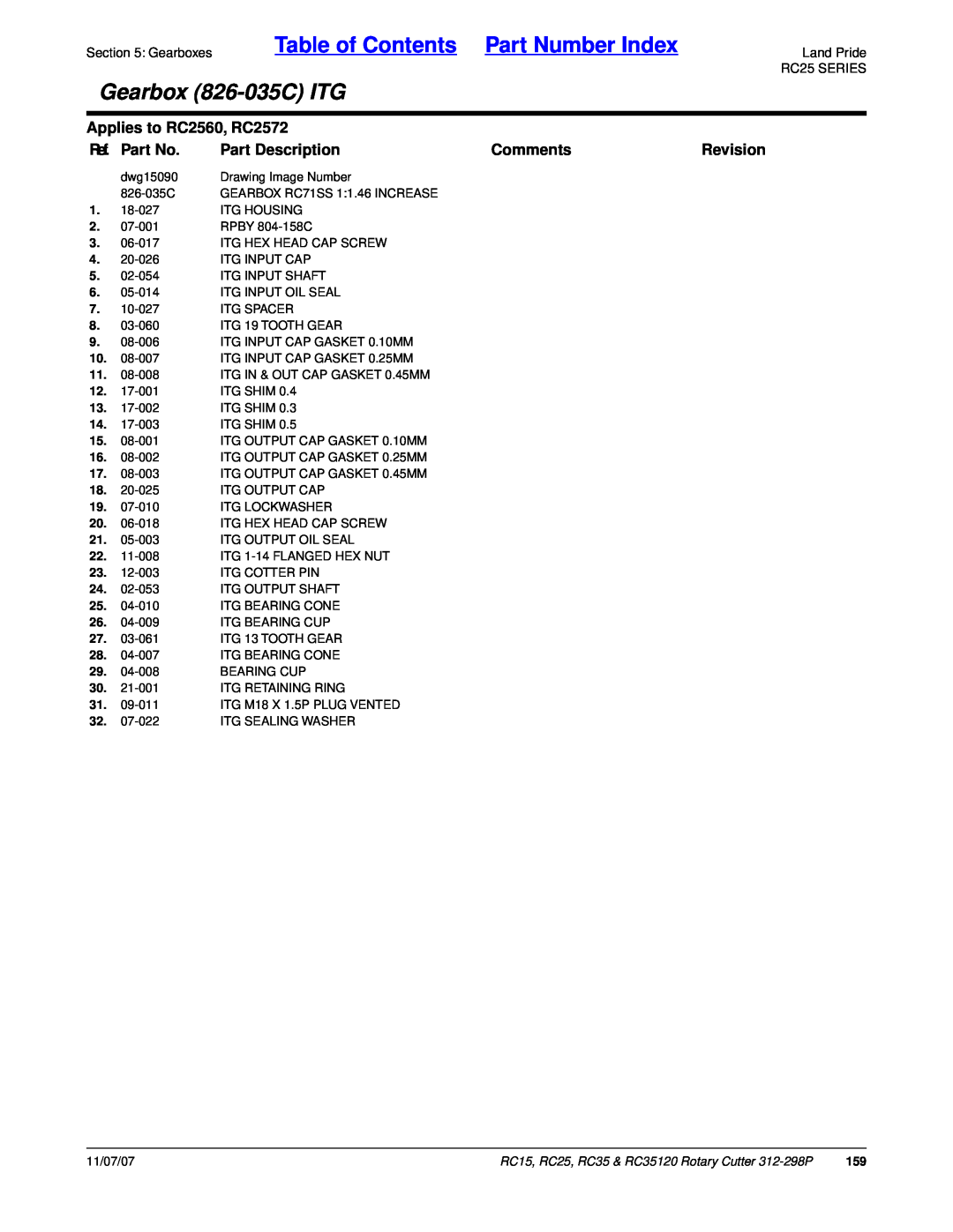 Land Pride RC15, RC35120 Table of Contents Part Number Index, Gearbox 826-035CITG, Applies to RC2560, RC2572, Ref. Part No 