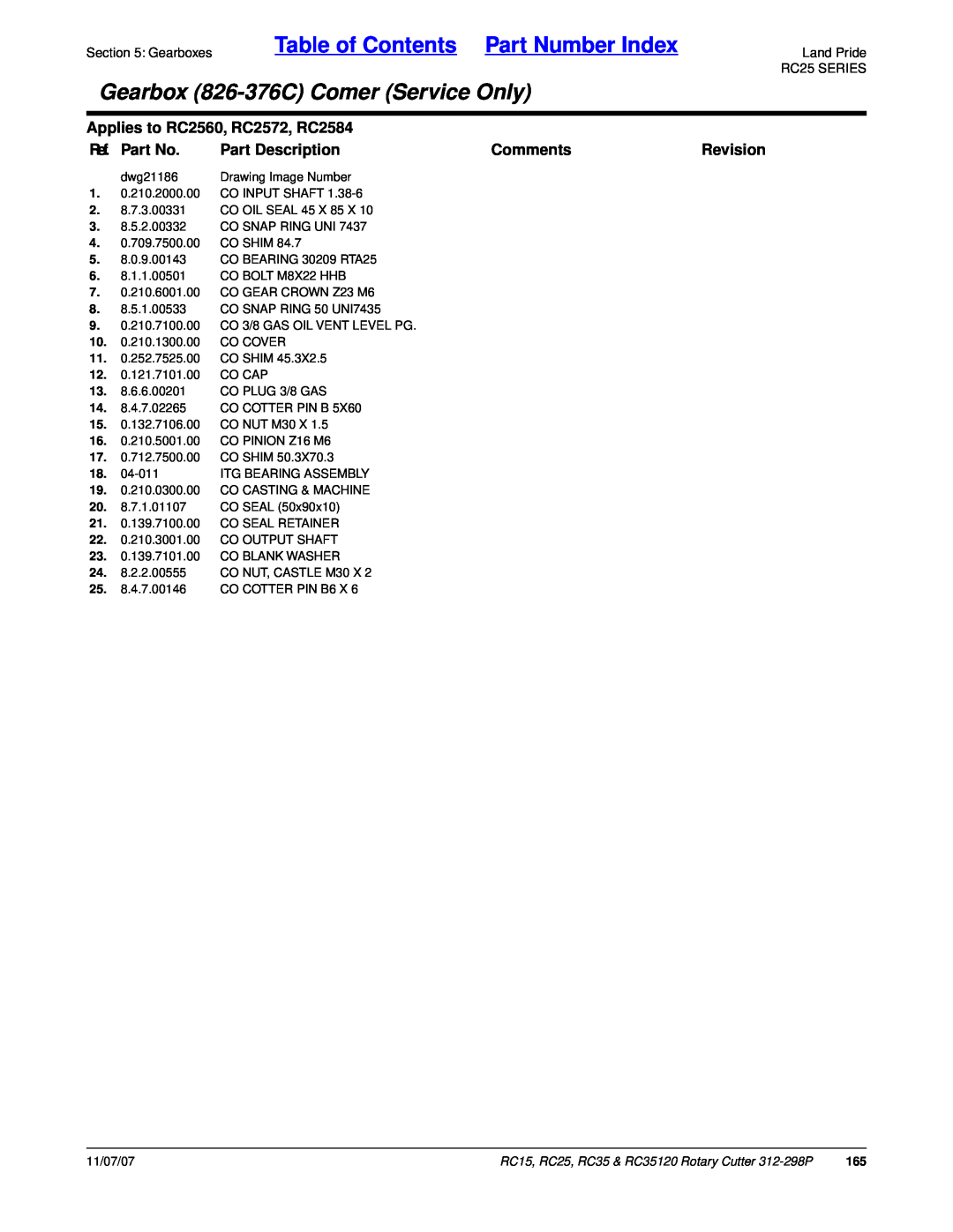 Land Pride RC35 Table of Contents Part Number Index, Gearbox 826-376CComer Service Only, Applies to RC2560, RC2572, RC2584 