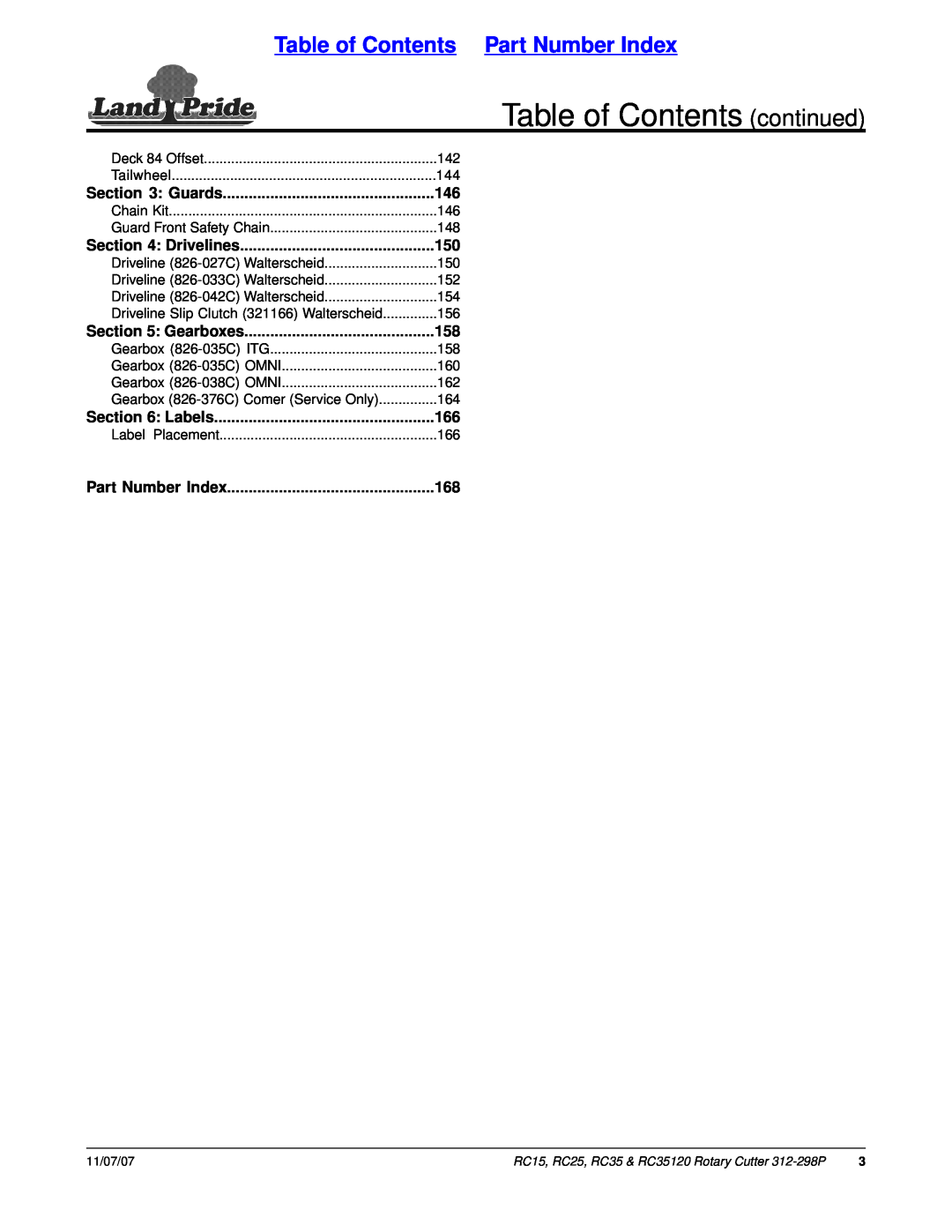 Land Pride RC15 Table of Contents continued, Table of Contents Part Number Index, Guards, Drivelines, Gearboxes, Labels 