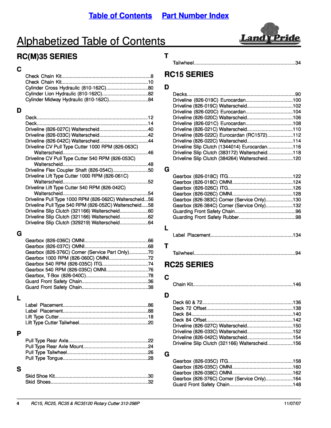 Land Pride RC35120, RC25 Alphabetized Table of Contents, Table of Contents Part Number Index, RCM35 SERIES, RC15 SERIES 