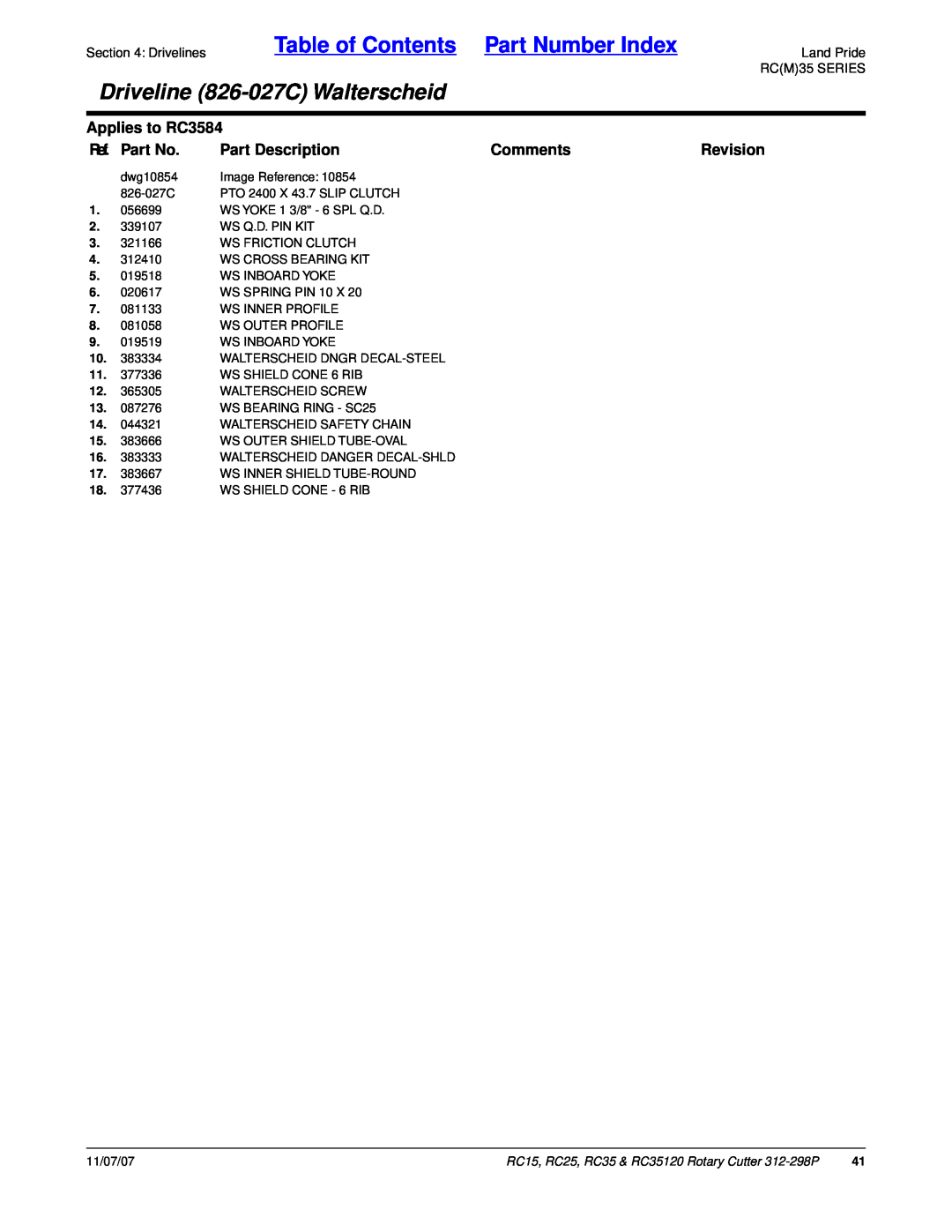 Land Pride RC25 Table of Contents Part Number Index, Driveline 826-027CWalterscheid, Applies to RC3584, Ref. Part No 