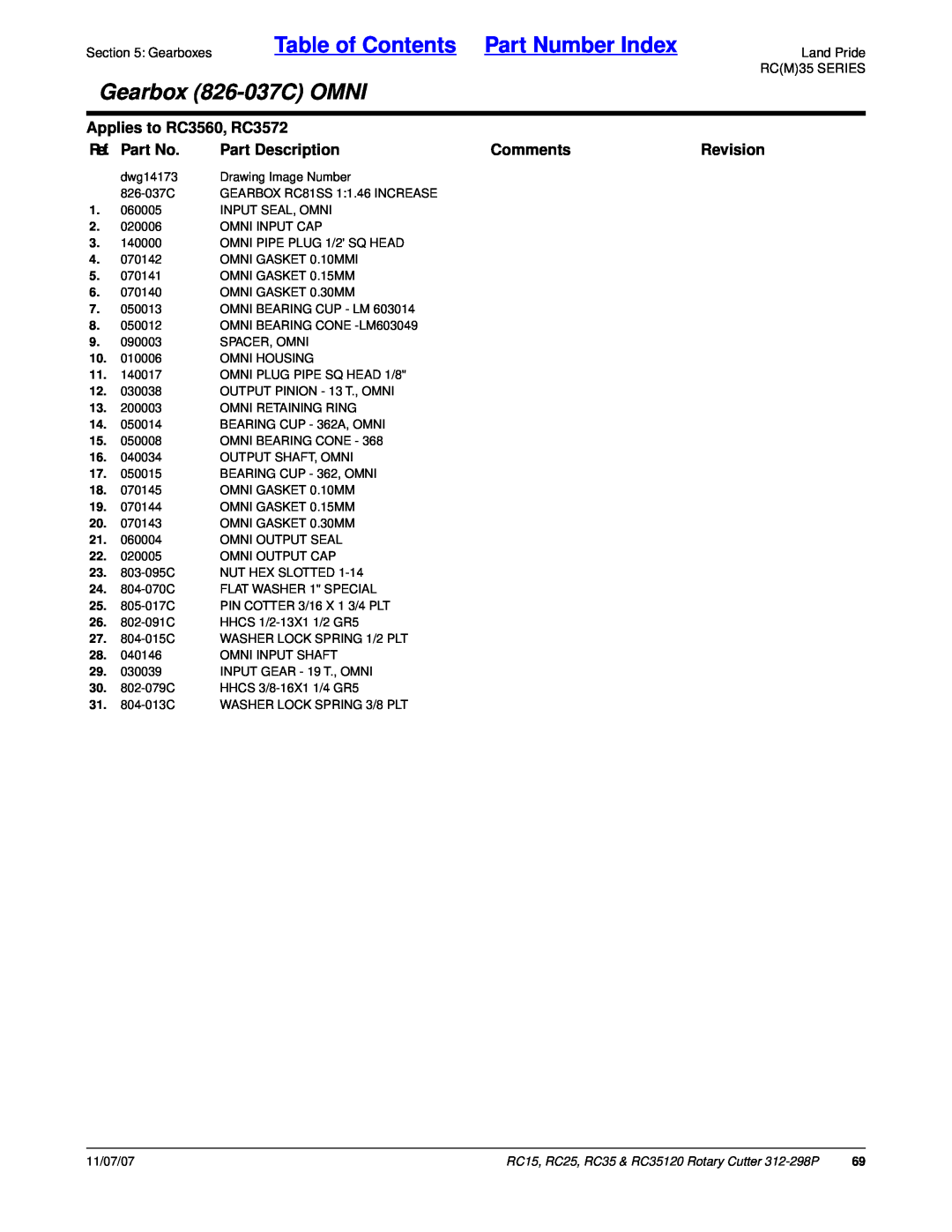 Land Pride Table of Contents Part Number Index, Gearbox 826-037COMNI, Applies to RC3560, RC3572, Ref. Part No, Comments 
