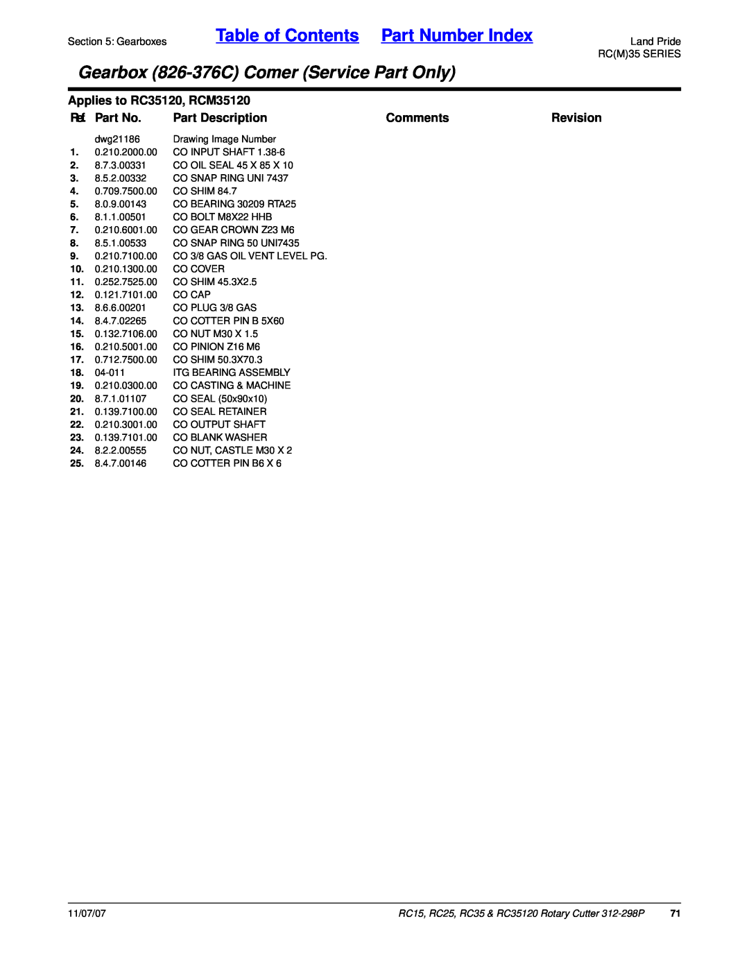 Land Pride RC15 Table of Contents Part Number Index, Gearbox 826-376CComer Service Part Only, Applies to RC35120, RCM35120 