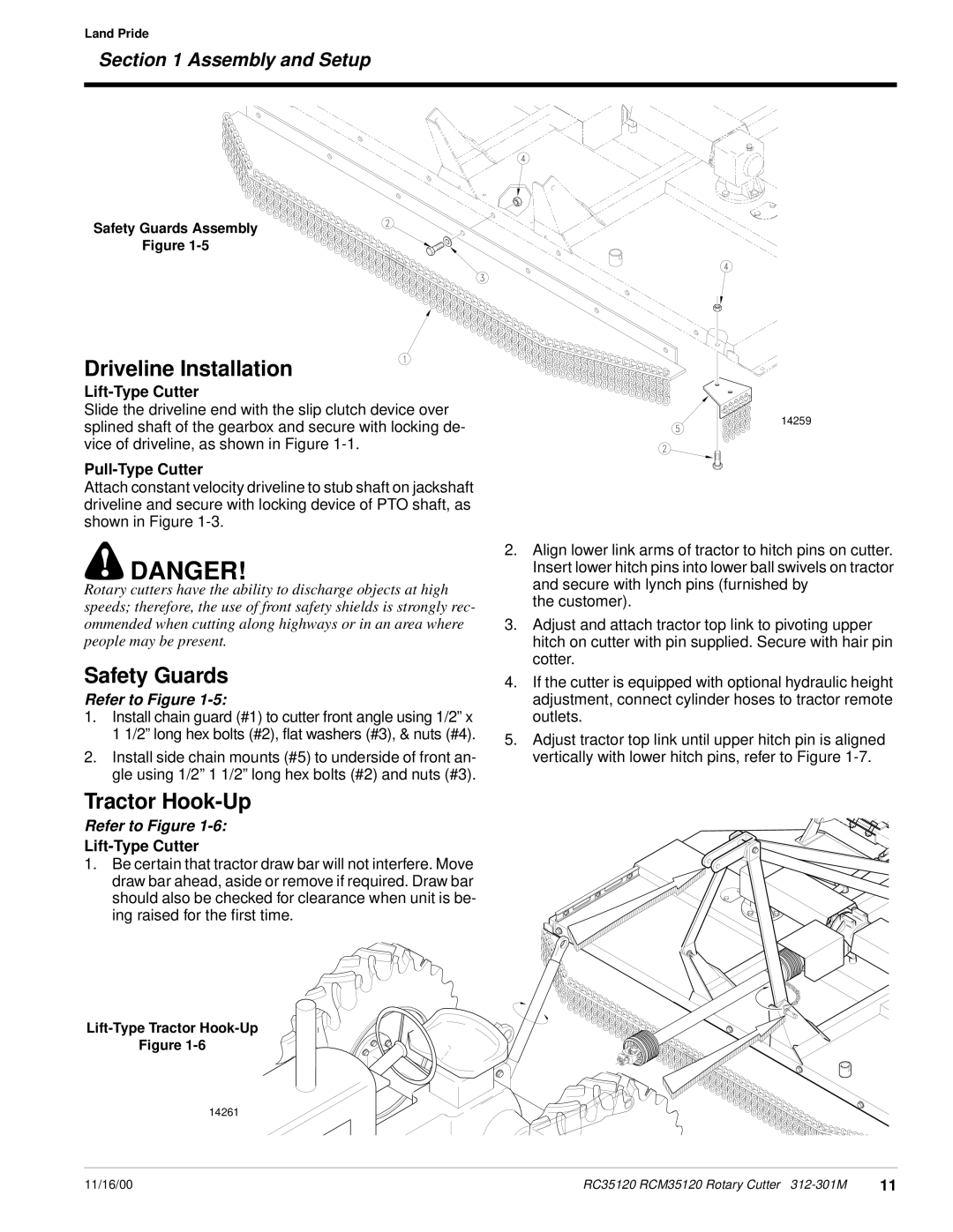 Land Pride RC35120 RCM35120 Driveline Installation, Safety Guards, Tractor Hook-Up, Lift-Type Cutter, Pull-Type Cutter 