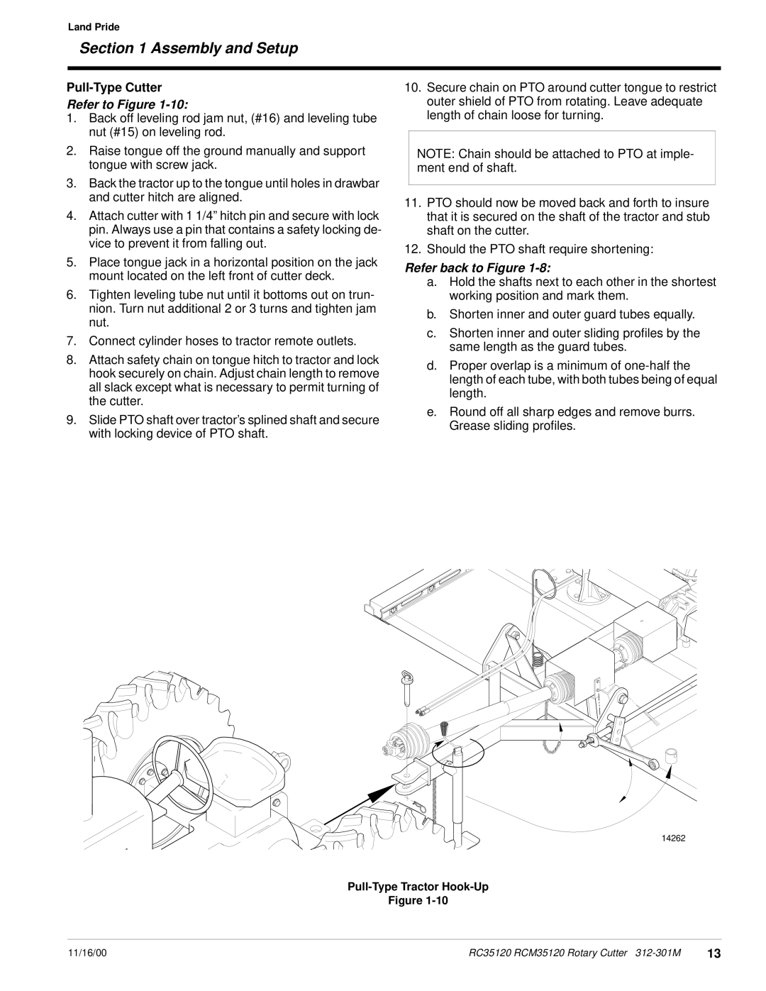 Land Pride RC35120 RCM35120 manual Pull-Type Tractor Hook-Up 