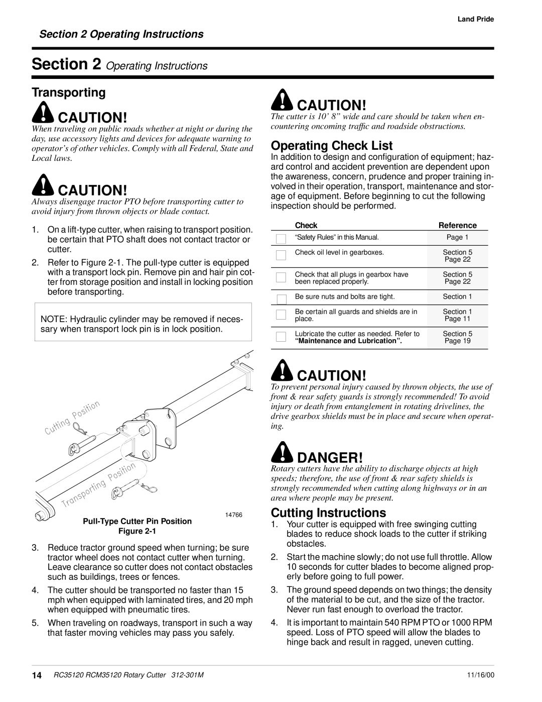 Land Pride RC35120 RCM35120 manual Transporting, Operating Check List, Cutting Instructions 