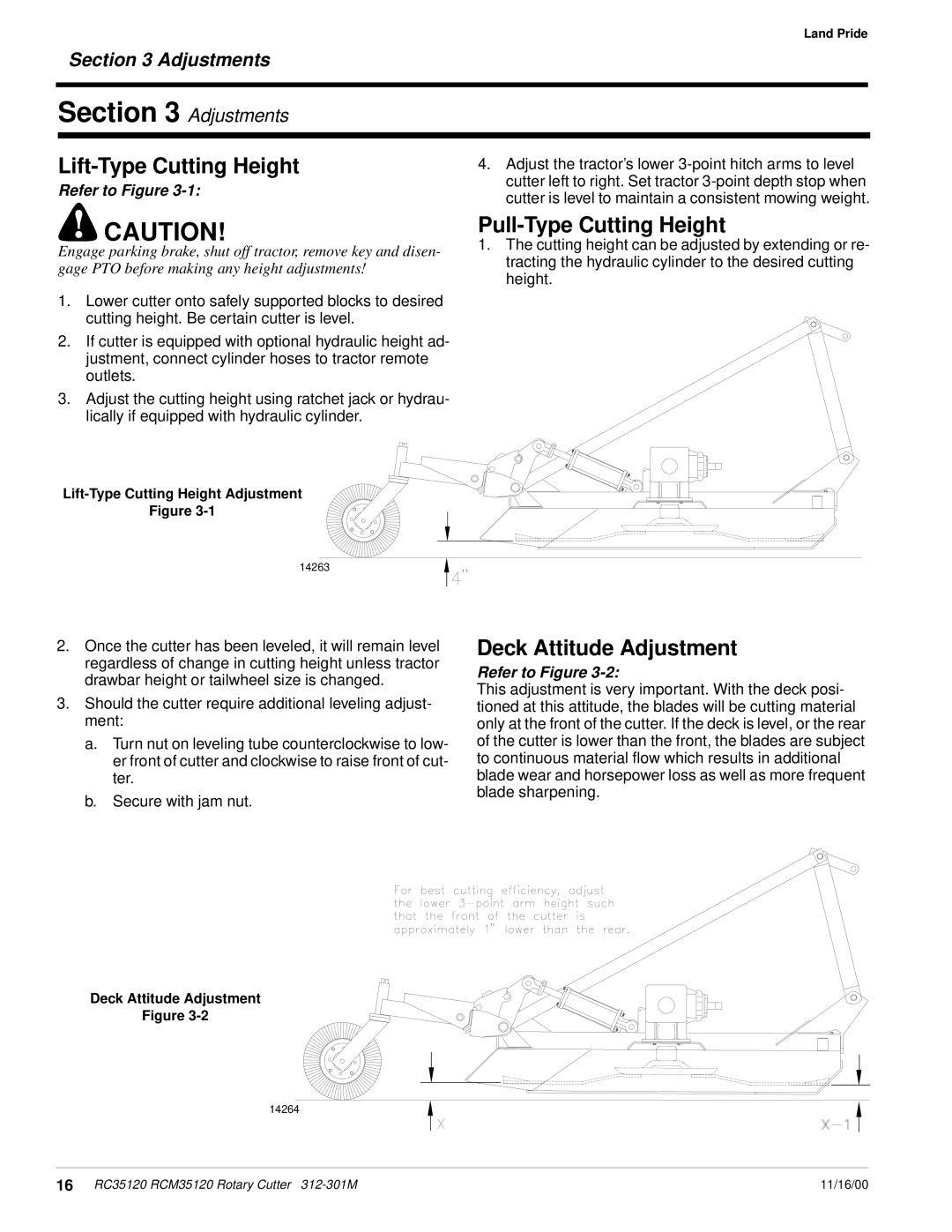 Land Pride RC35120 RCM35120 manual Lift-Type Cutting Height, Pull-Type Cutting Height, Deck Attitude Adjustment 