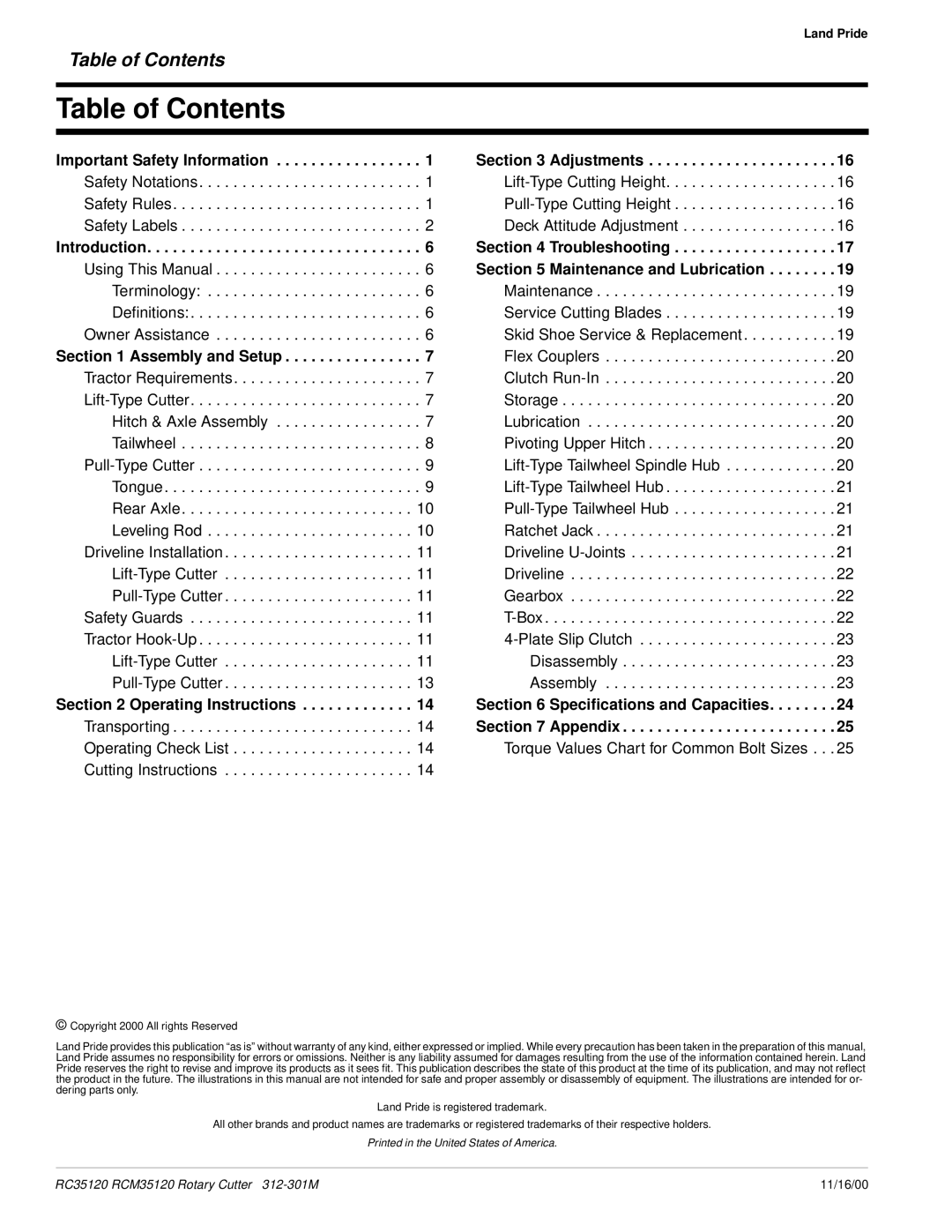 Land Pride RC35120 RCM35120 manual Table of Contents 