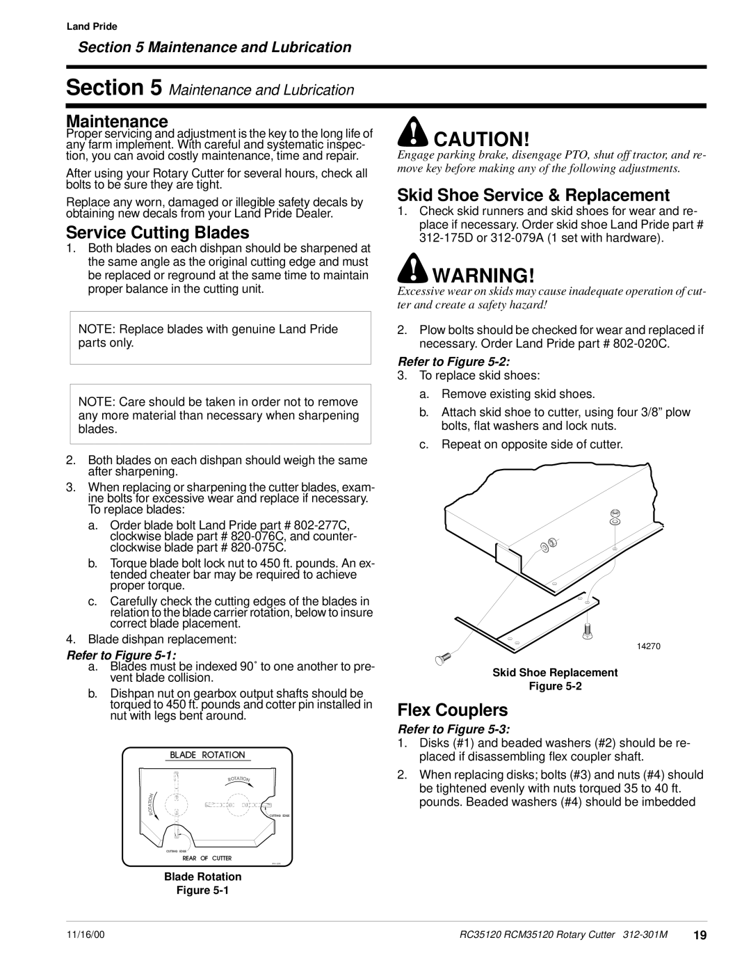 Land Pride RC35120 RCM35120 manual Maintenance, Skid Shoe Service & Replacement, Service Cutting Blades, Flex Couplers 