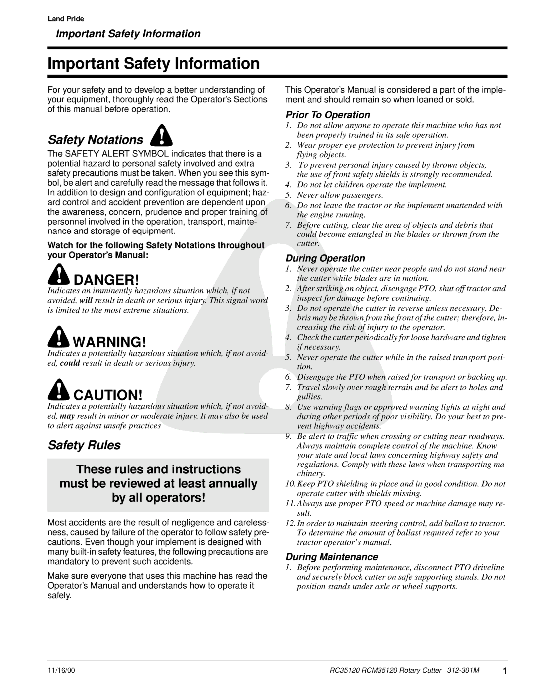 Land Pride RC35120 RCM35120 manual Important Safety Information 