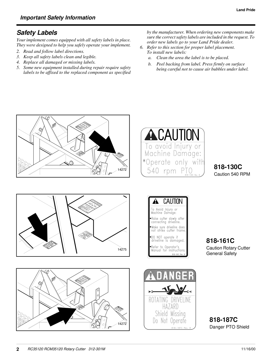 Land Pride RC35120 RCM35120 manual 818-130C, 818-161C, 818-187C 