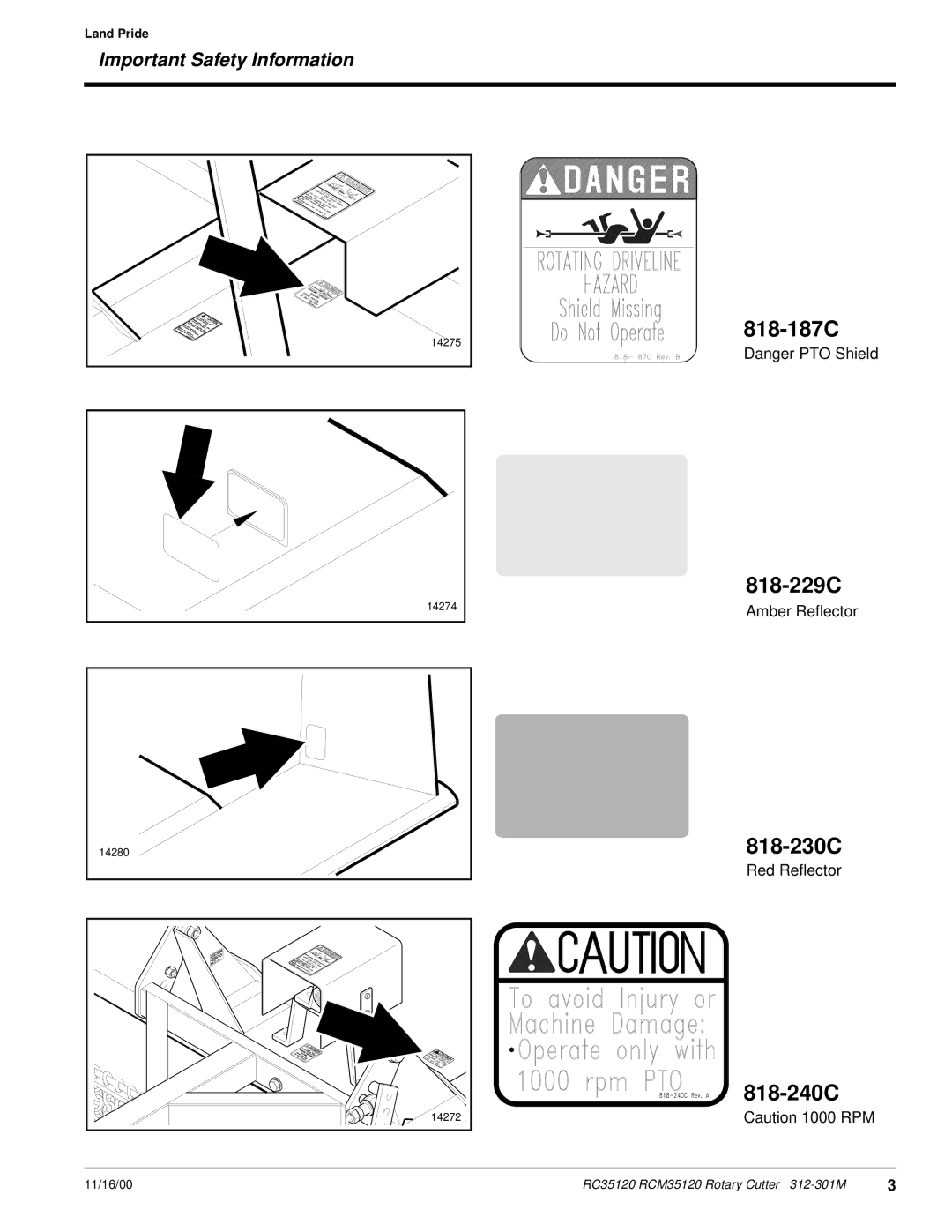 Land Pride RC35120 RCM35120 manual 818-187C 818-229C, 818-230C, 818-240C 