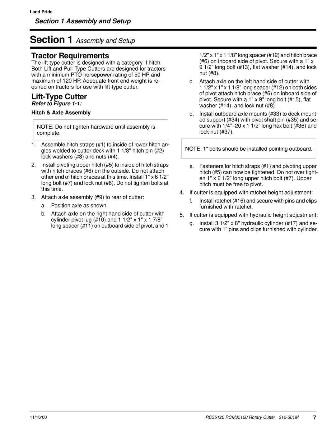 Land Pride RC35120 RCM35120 manual Tractor Requirements, Lift-Type Cutter, Hitch & Axle Assembly 