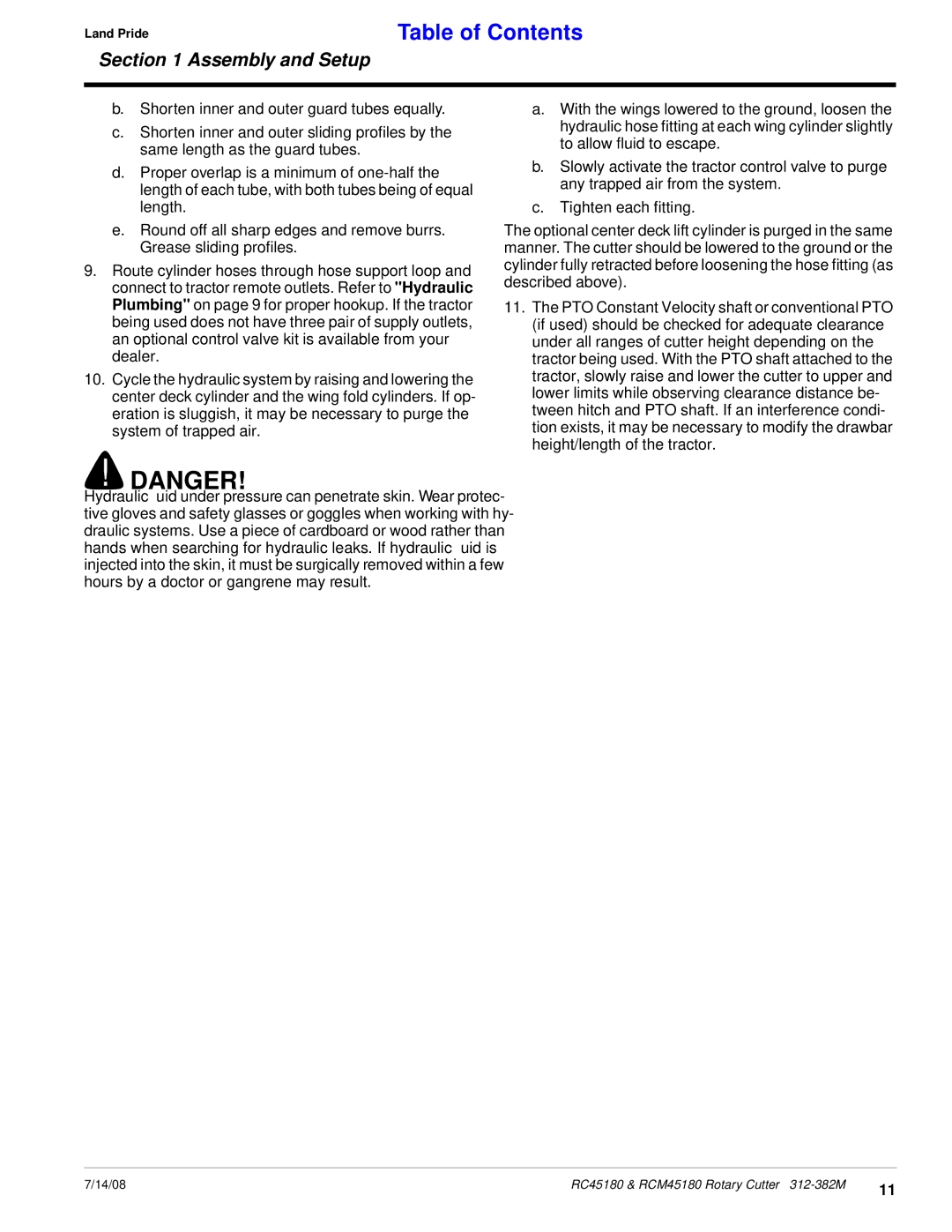 Land Pride RCM45180, RC45180 manual Table of Contents 