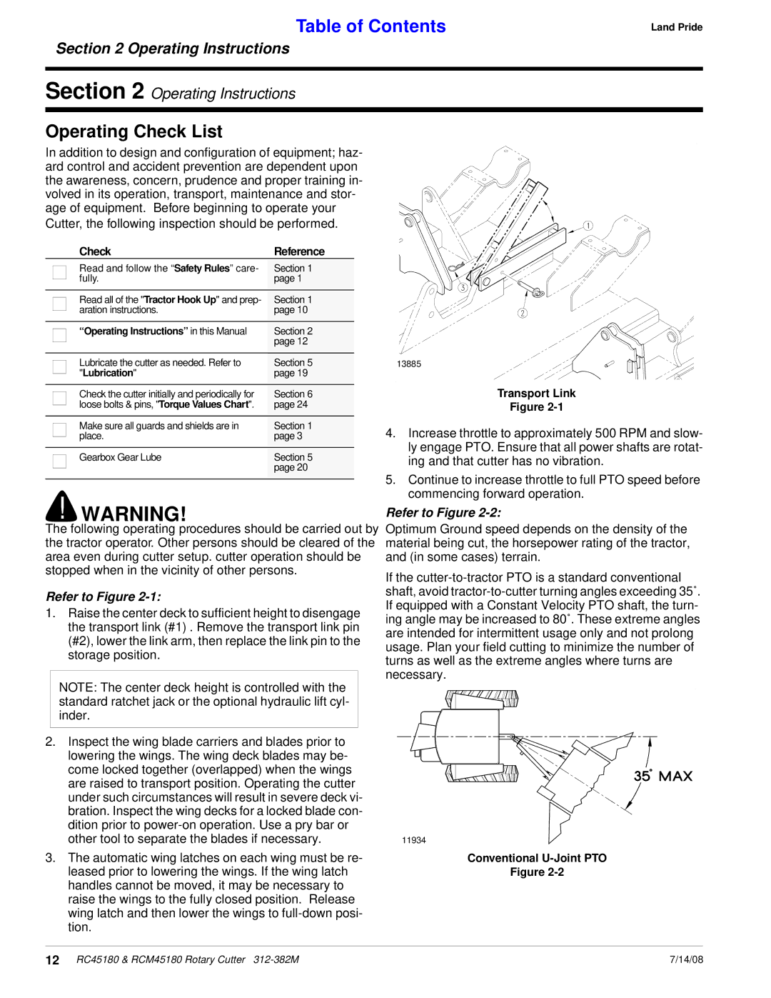 Land Pride RC45180, RCM45180 manual Operating Check List, Check Reference 