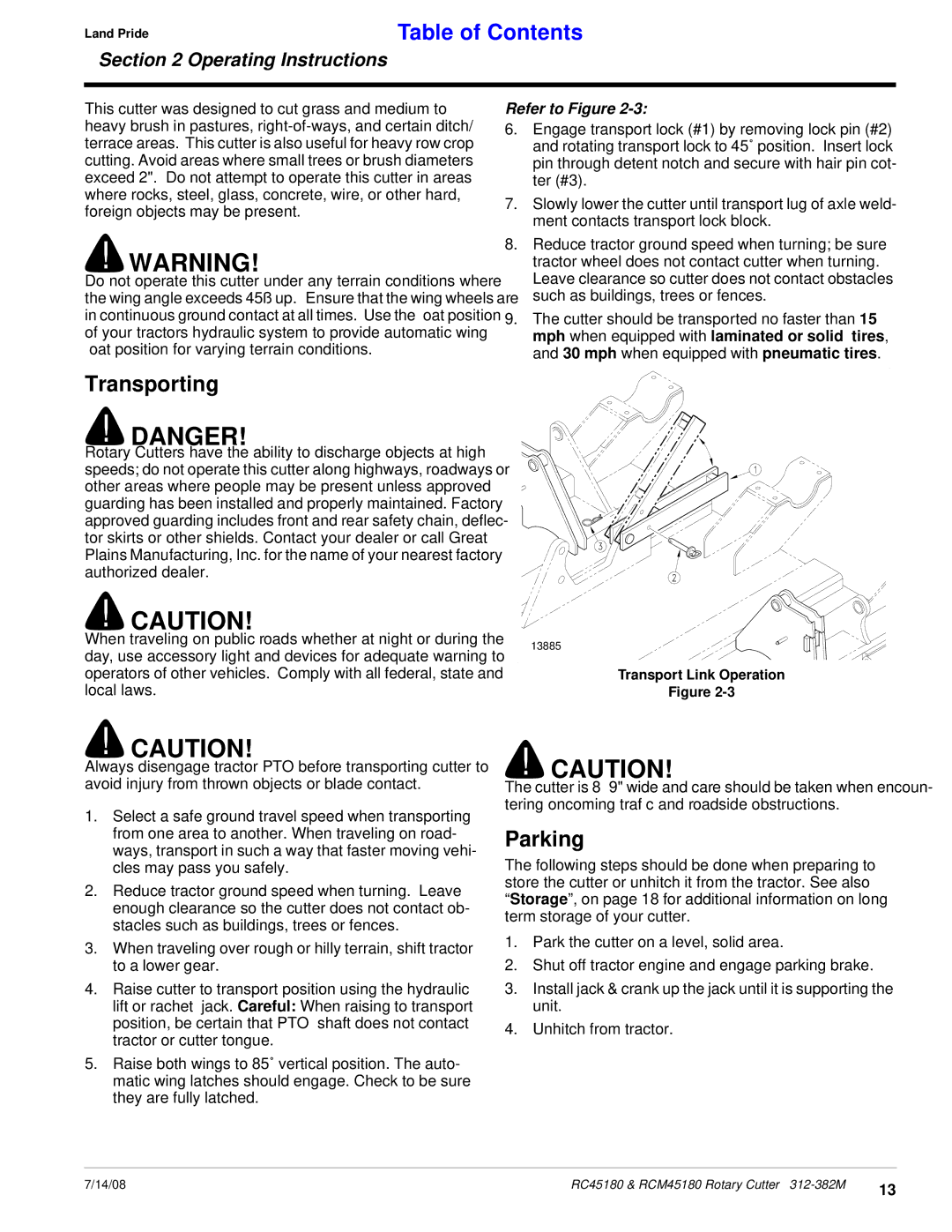 Land Pride RCM45180, RC45180 manual Transporting, Parking 
