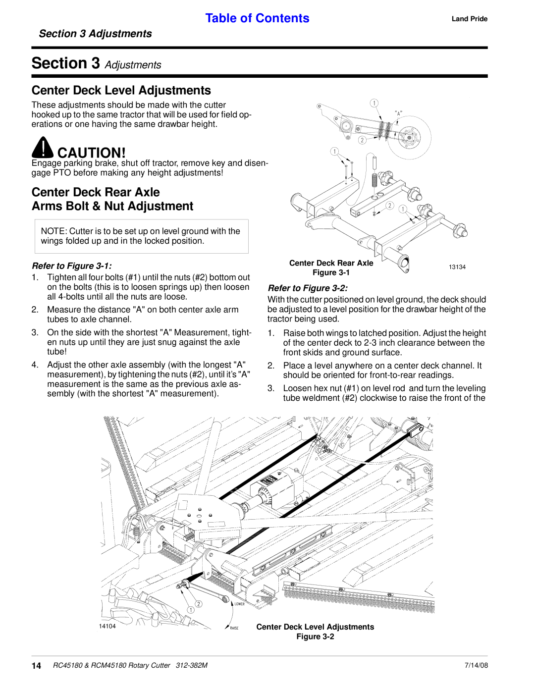 Land Pride RC45180, RCM45180 manual Center Deck Level Adjustments, Center Deck Rear Axle Arms Bolt & Nut Adjustment 