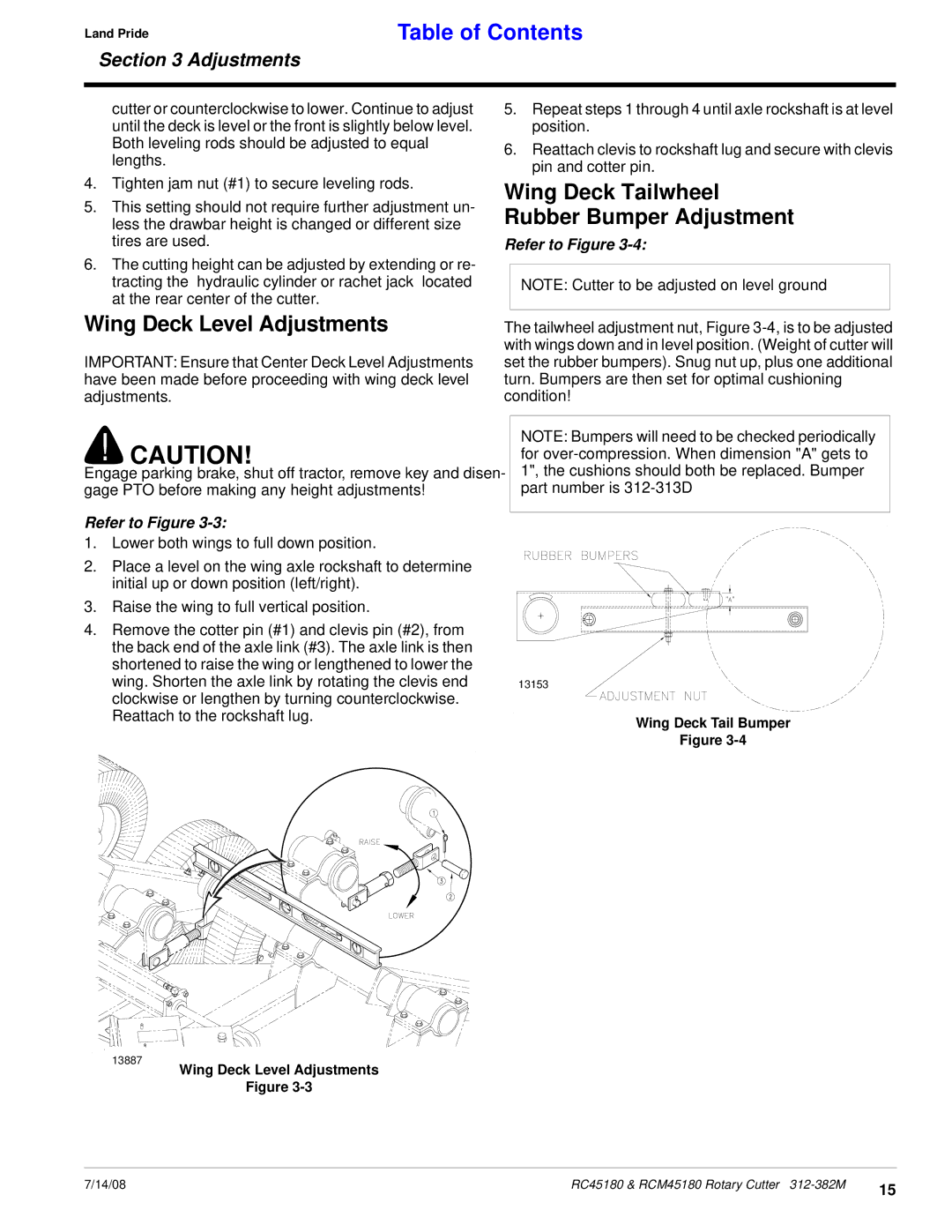 Land Pride RCM45180, RC45180 manual Wing Deck Level Adjustments, Wing Deck Tailwheel Rubber Bumper Adjustment 