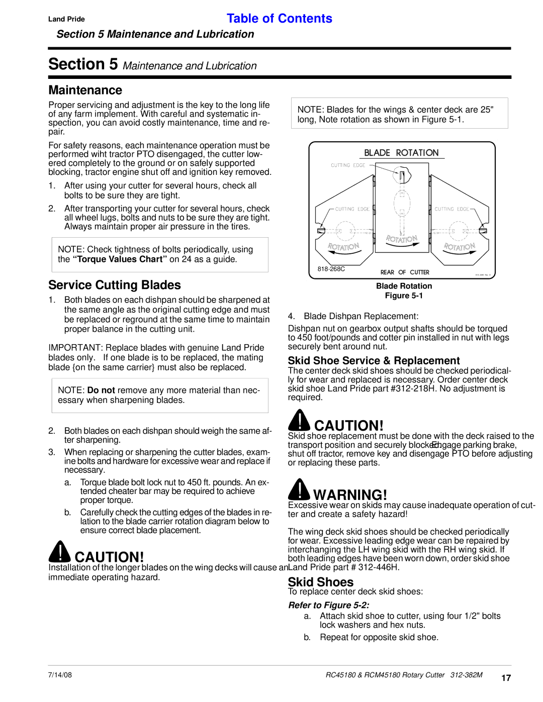 Land Pride RCM45180, RC45180 manual Maintenance, Service Cutting Blades, Skid Shoes, Skid Shoe Service & Replacement 